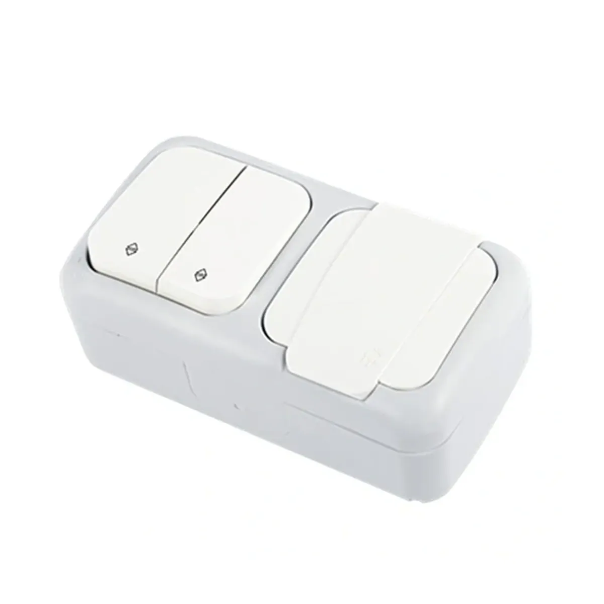 Viko Palmiye Surface-Mounted White Horizontal Double Changeover Two-Way Switch and Grounded Socket IP54