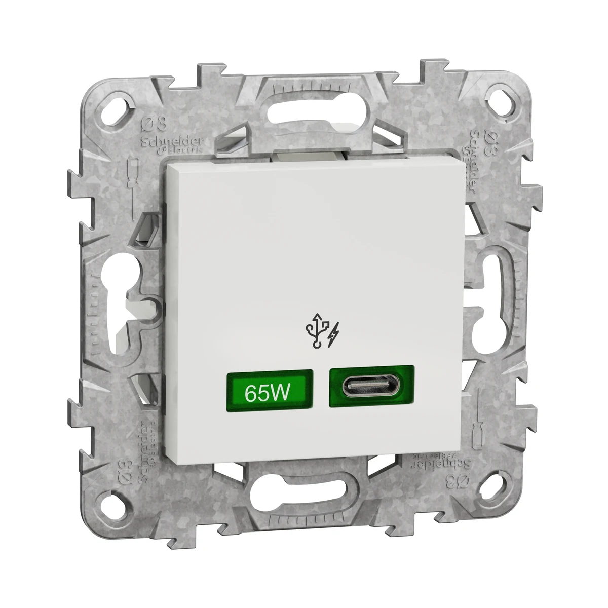 Schneider Electric NU501418 Yeni Unica, 2xUSB Hızlı Şarj Prizi 65W Type C, Montaj Plakalı, Beyaz (modülerde kullanmak üzere uygun değildir) — üretici ürün görseli