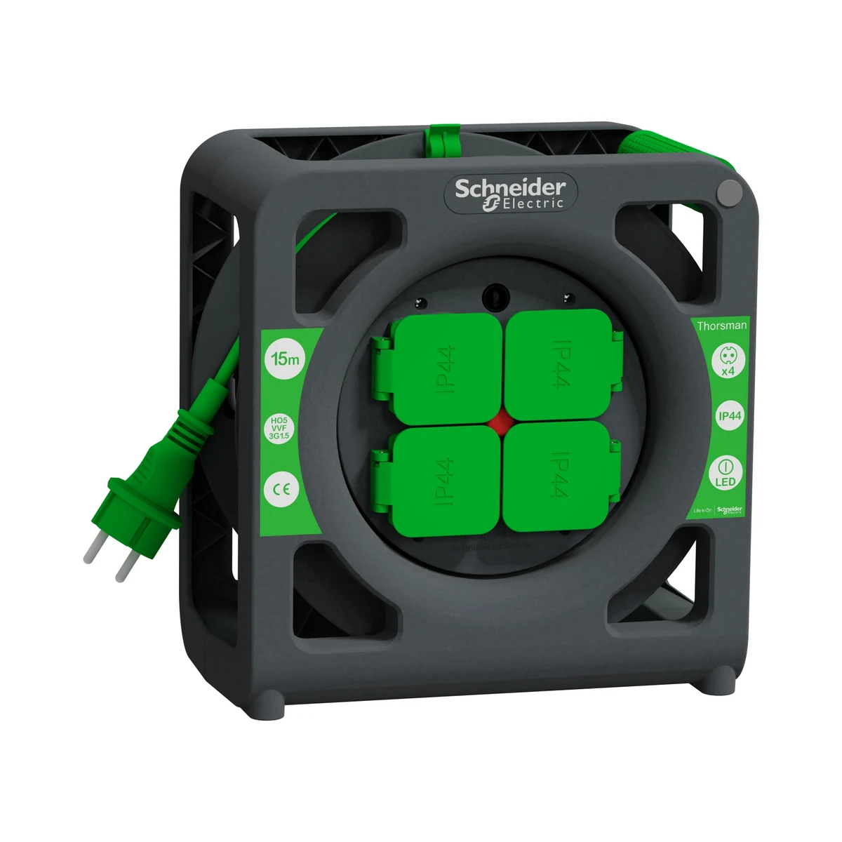 Schneider Electric IMT33136 Kablo Makarası Kompakt, IP44, HO5VVF 3G1.5 15mt kablolu, topraklı — üretici ürün görseli
