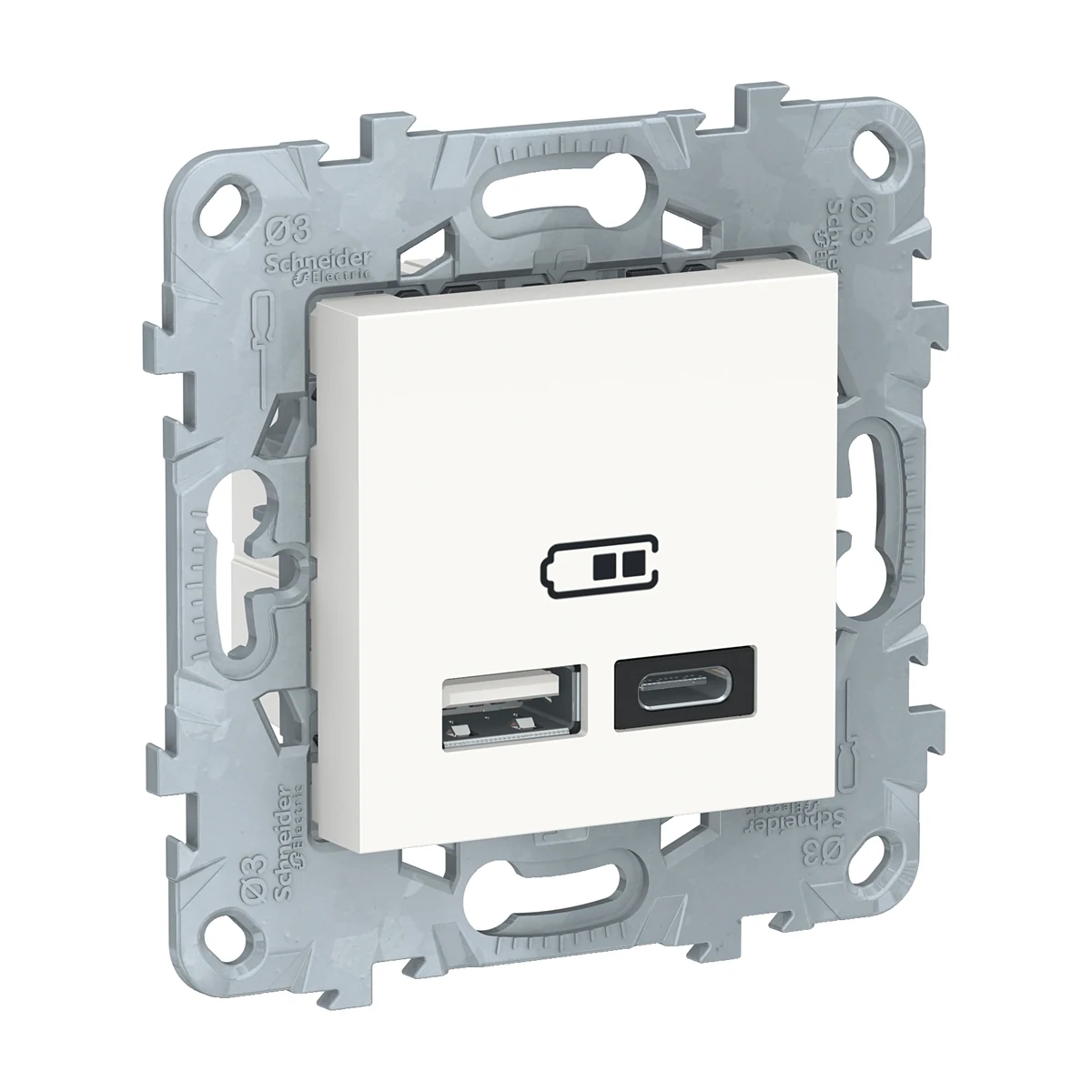 Schneider Electric NU501818 Yeni Unica, 2xUSB Şarj Prizi 2,4A Type A+C 2m, Montaj Plakalı, Beyaz — üretici ürün görseli