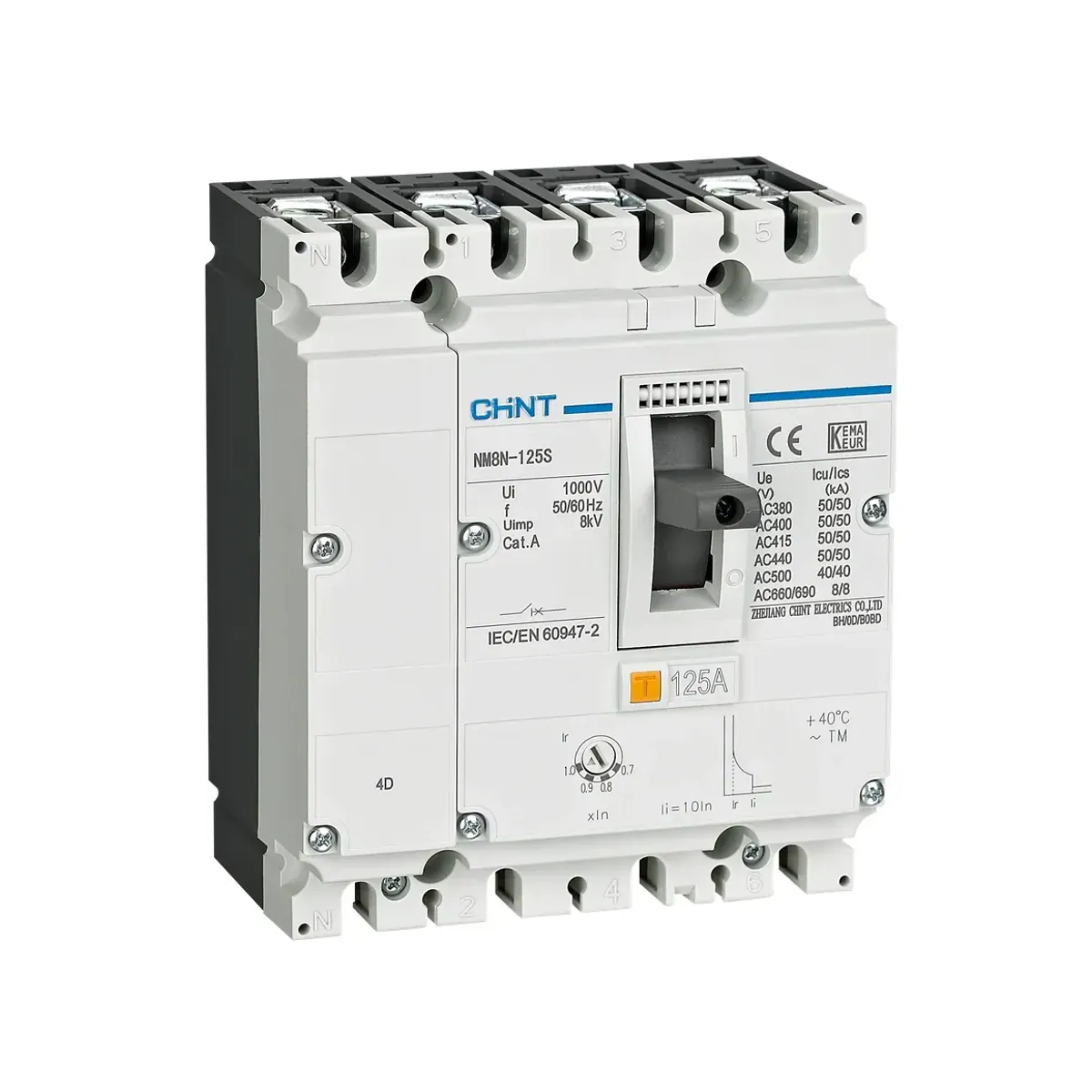 Chint NM8N Series 4-Pole 25A Adjustable Thermal-Magnetic 50kA Molded Case Circuit Breaker NM8N-125S
