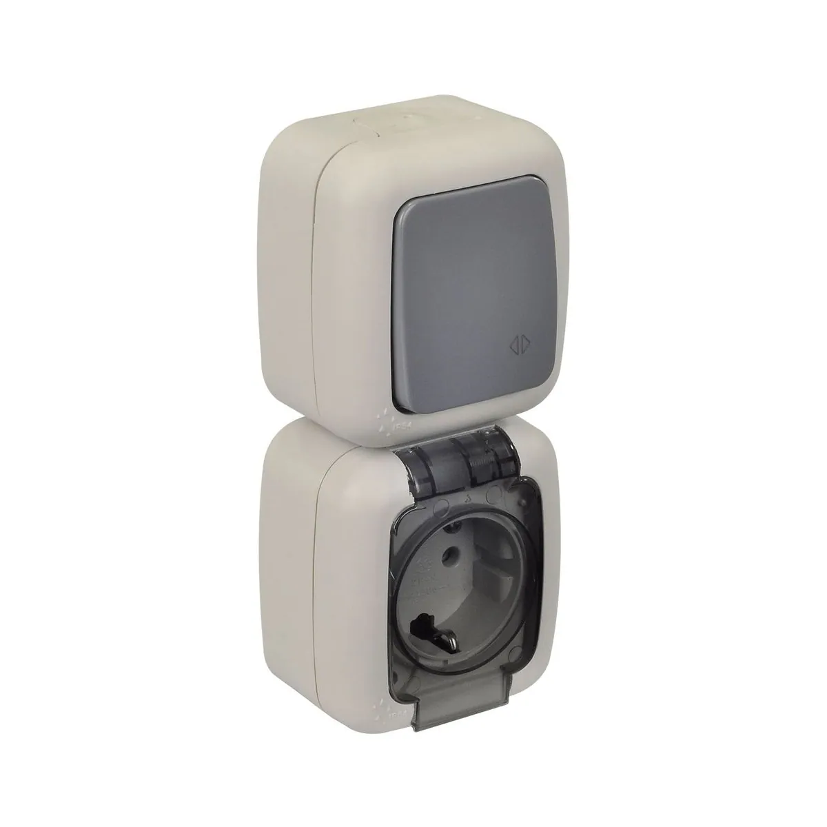 TP Elektrik 3201-309-0601 Damp Location Illuminated Two-Way Switch + Grounded Socket with Cover (vertical), IP 54