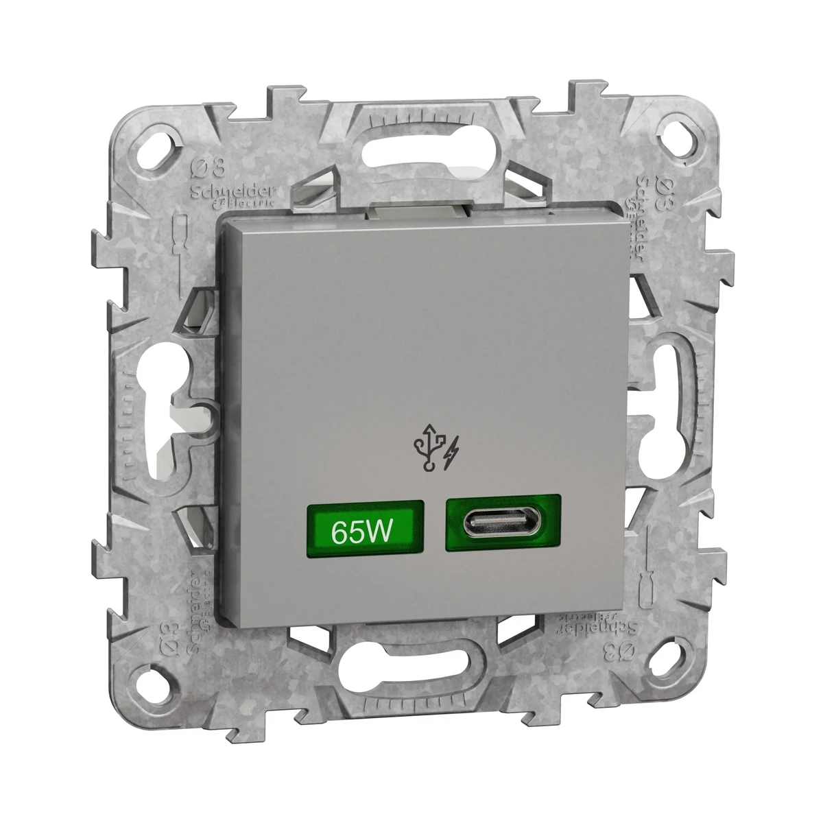 Schneider Electric NU501430 Yeni Unica, 2xUSB Fast Charging Socket 65W Type C, with Mounting Plate, Aluminum (not suitable for use in modular installations)