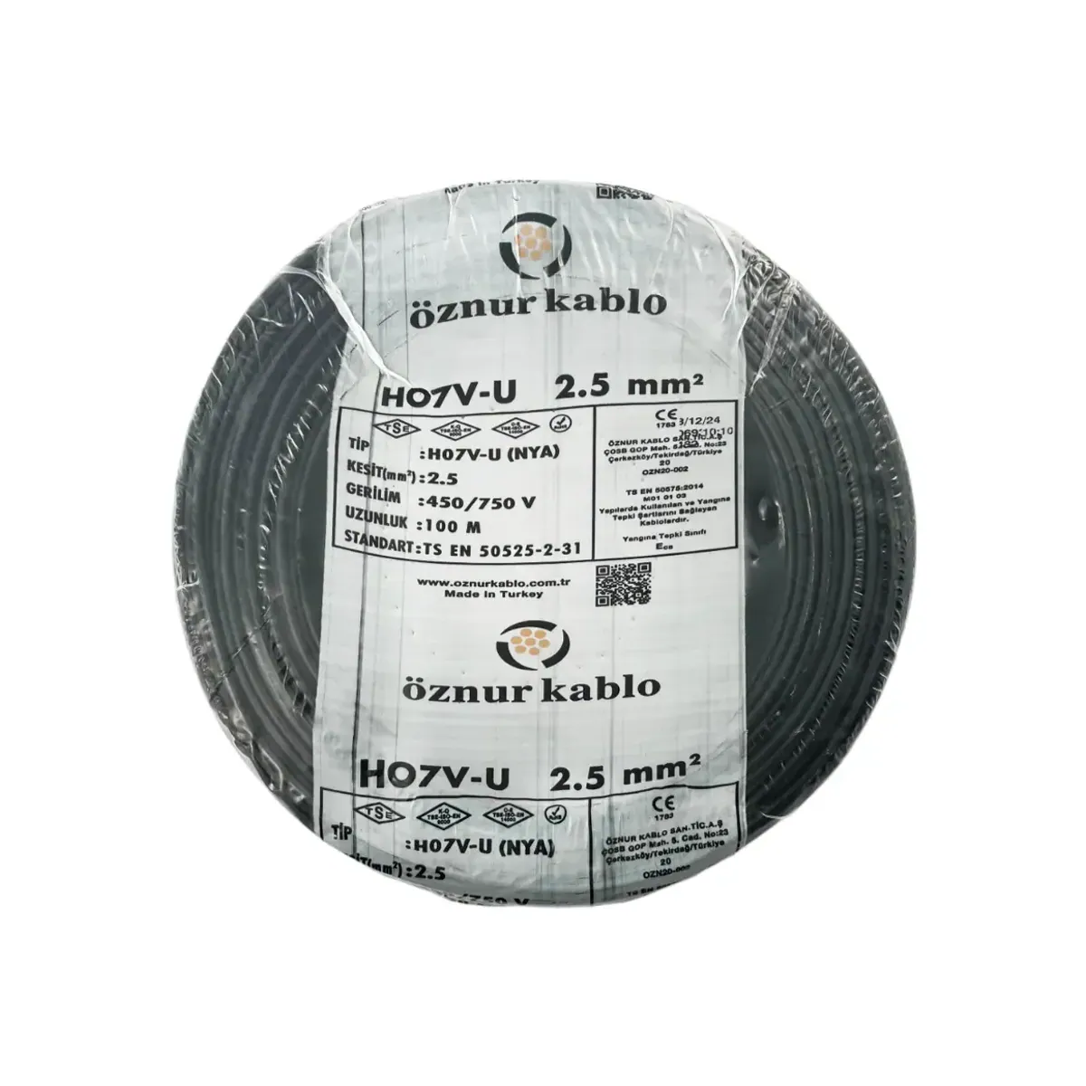 Öznur NYA 1x2,5 mm2 H07V-U Siyah Kablo
