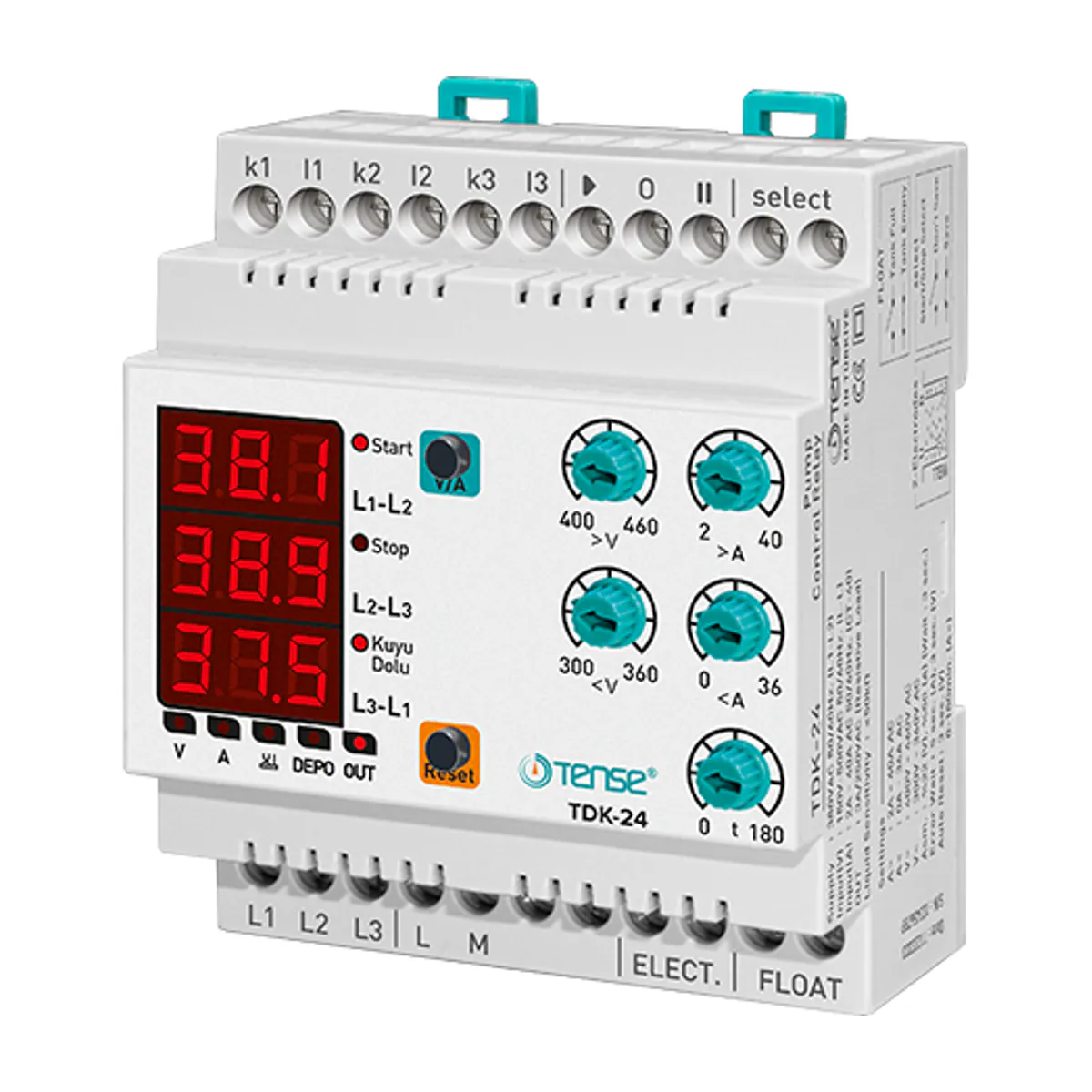 Tense TDK-24 Three-Phase Submersible Pump Control Relay, 2–40 A, DIN rail