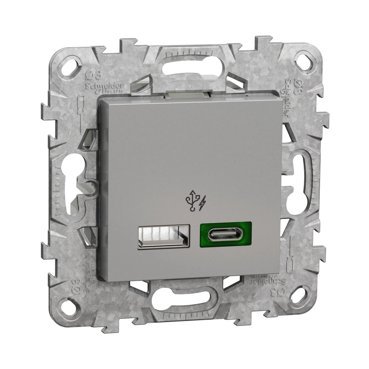 Schneider Electric NU501330 Yeni Unica, 2xUSB Fast Charging Socket 45W Type A+C, with Mounting Plate, Aluminum (not suitable for use in modular installations)