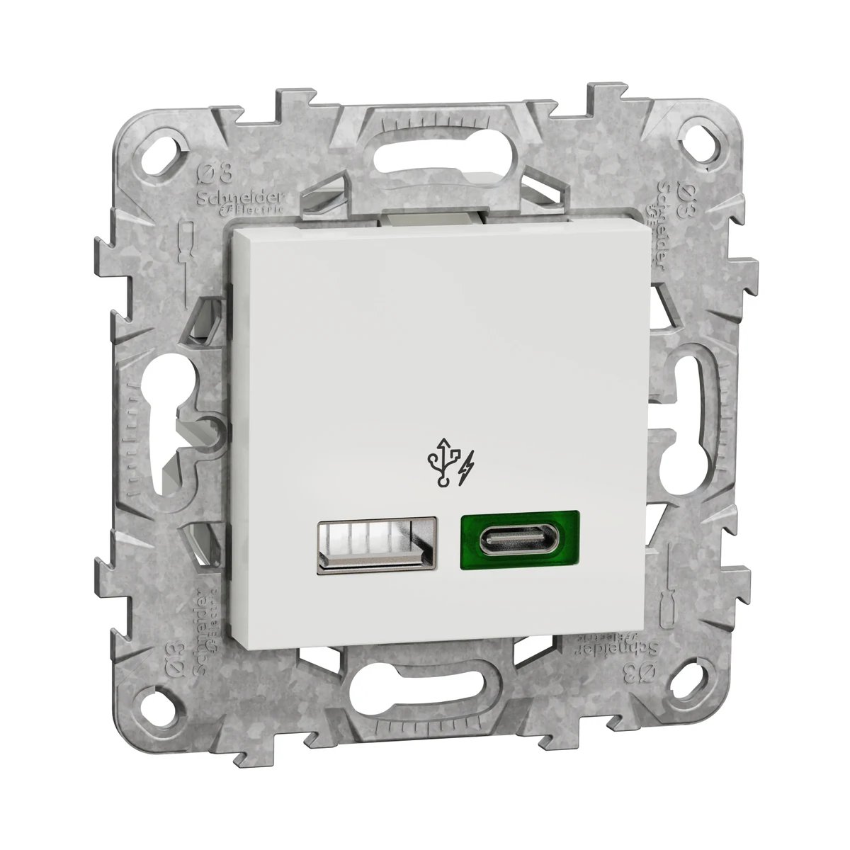 Schneider Electric NU501318 Yeni Unica, 2xUSB Hızlı Şarj Prizi 45W Type A+C, Montaj Plakalı, Beyaz (modülerde kullanmak üzere uygun değildir) — üretici ürün görseli