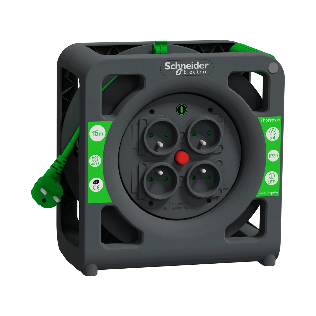Schneider Electric IMT33139 Kablo Makarası Kompakt, IP20, HO5VVF 3G1.5 15mt kablolu, topraksız — üretici ürün görseli