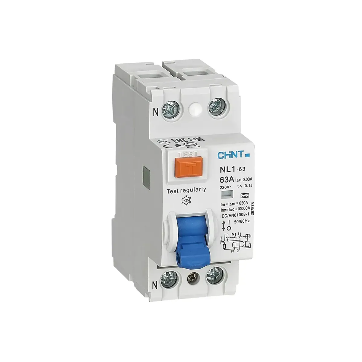 Chint NL1 Series 2-Pole 63A 300mA Residual Current Device 6kA