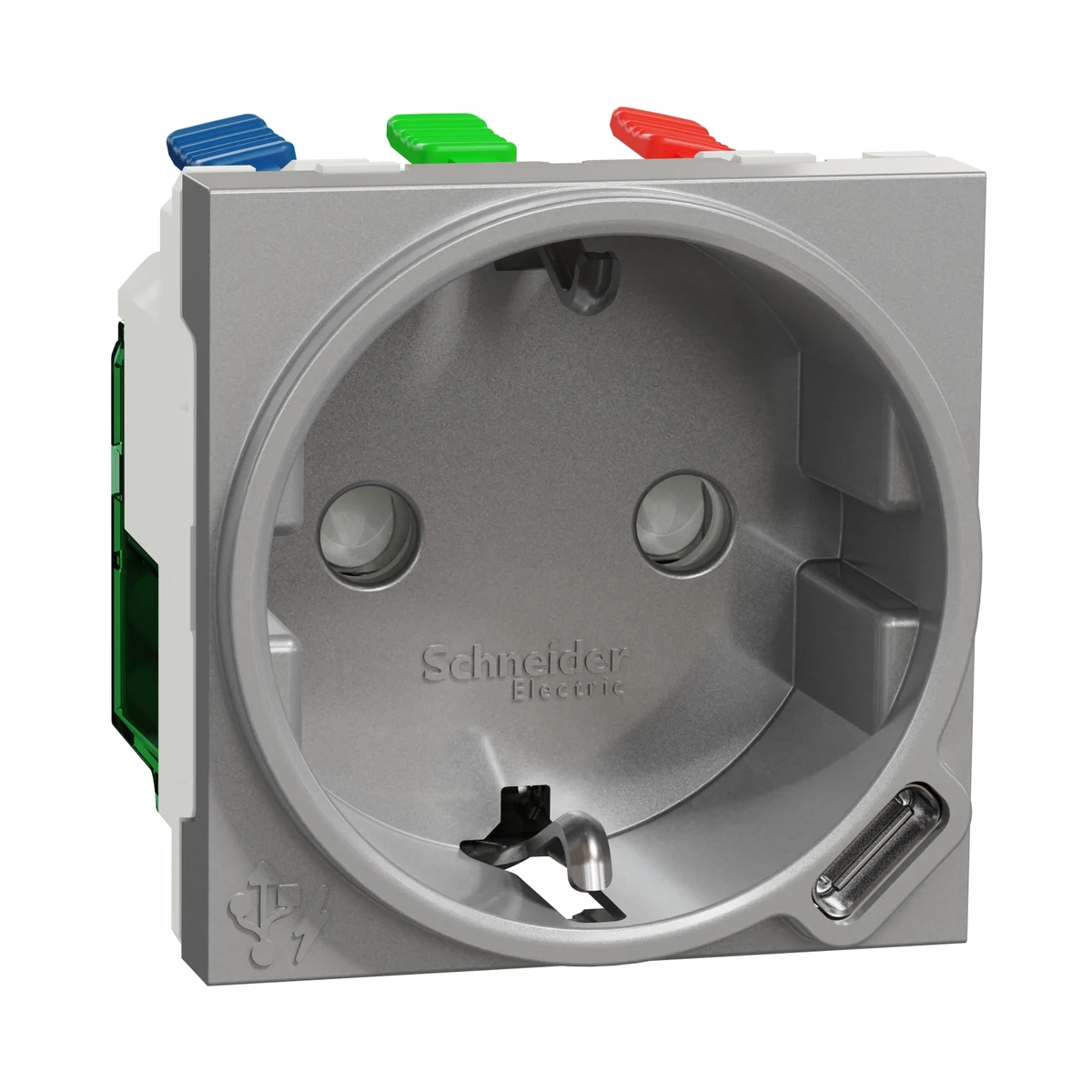 Schneider Electric NU301730 Yeni Unica, Type-C USB'li Çocuk Korumalı Topraklı Priz 2 modül, Alüminyum — üretici ürün görseli