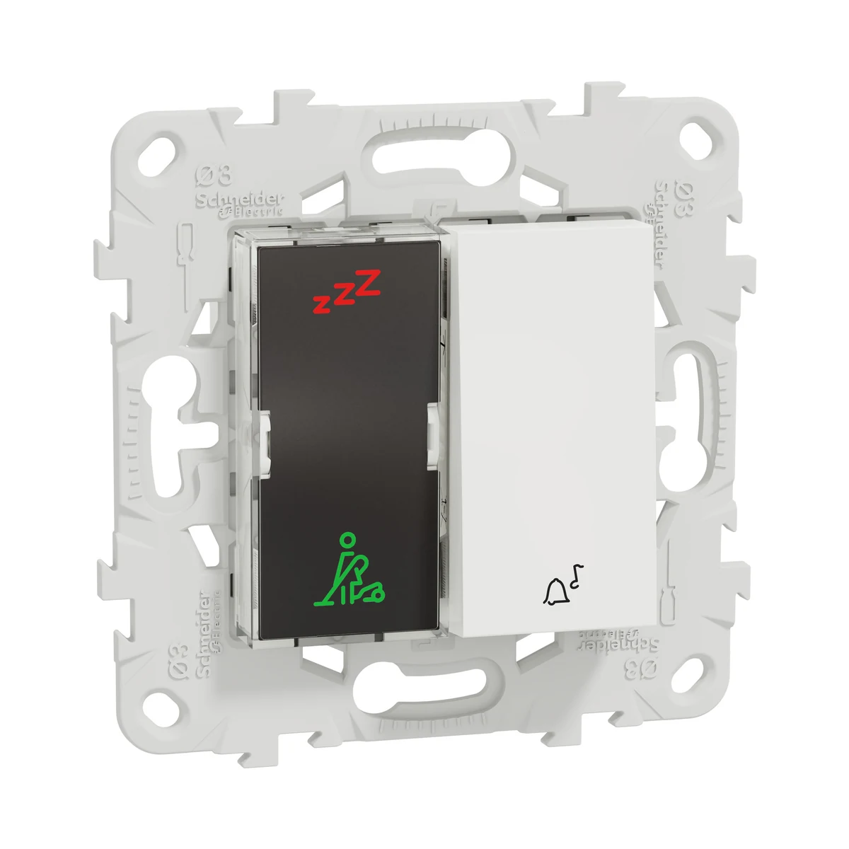 Schneider Electric NU577718 Yeni Unica, DND/MUR ve Zil İşaretli Otel Dış Kapı Anahtarı 2 modül, Beyaz — üretici ürün görseli