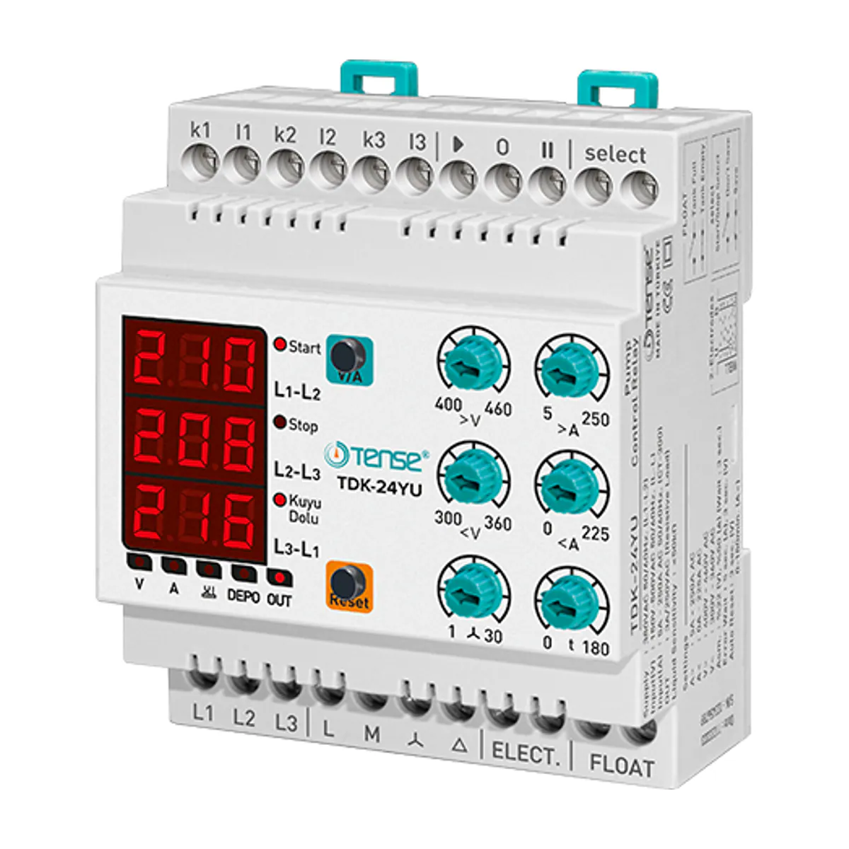 Tense TDK-24YU Trifaze Dalgıç Pompa Kontrol Rölesi, 5–250 A, DIN ray