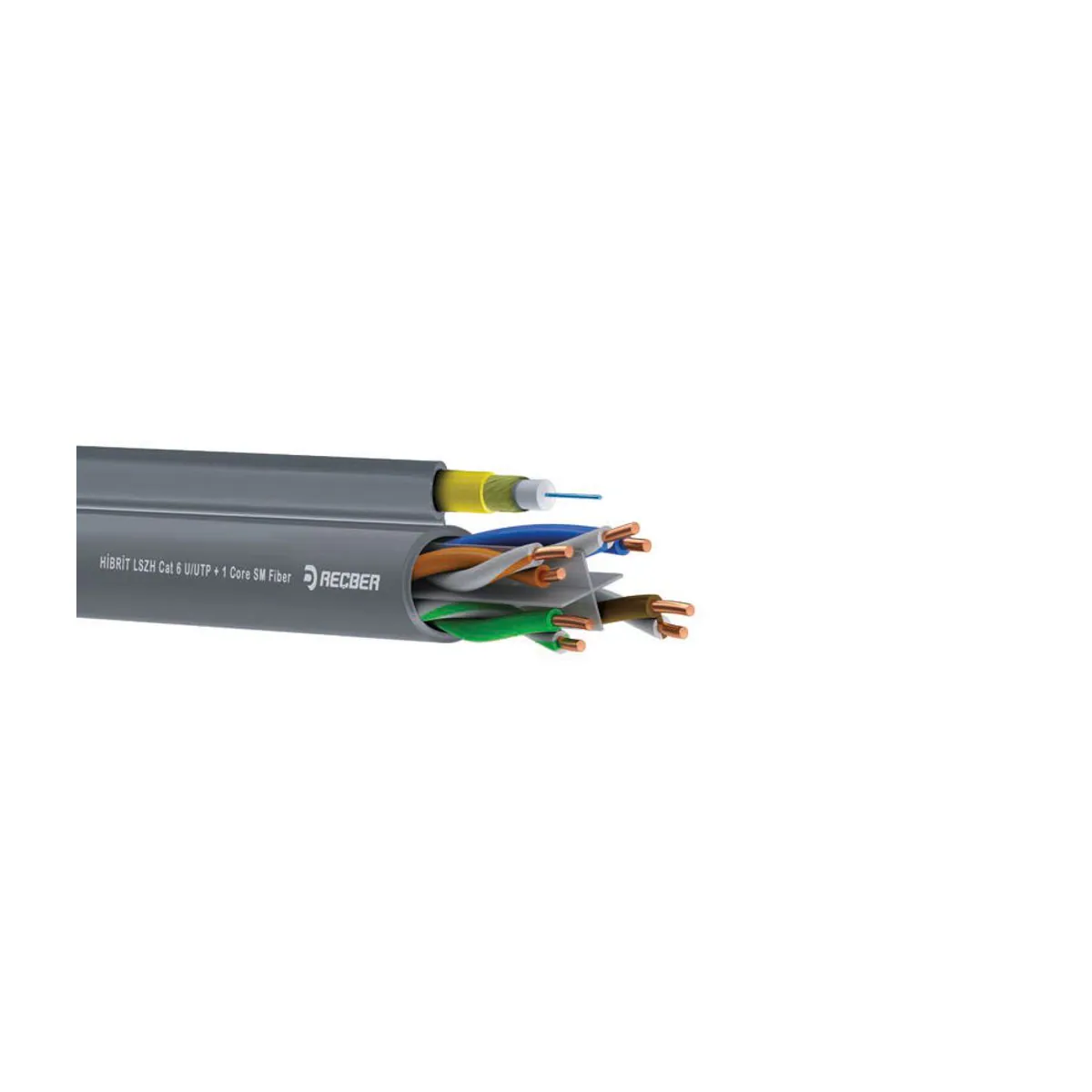 Reçber HİBRİT LSZH Cat 6 U/UTP 4x2x23 + 1 Core SM Fiber Optik Kablo — üreticinin temsili aile görseli; varyant özellikleri ürünün teknik kaydına göre değerlendirilmelidir.