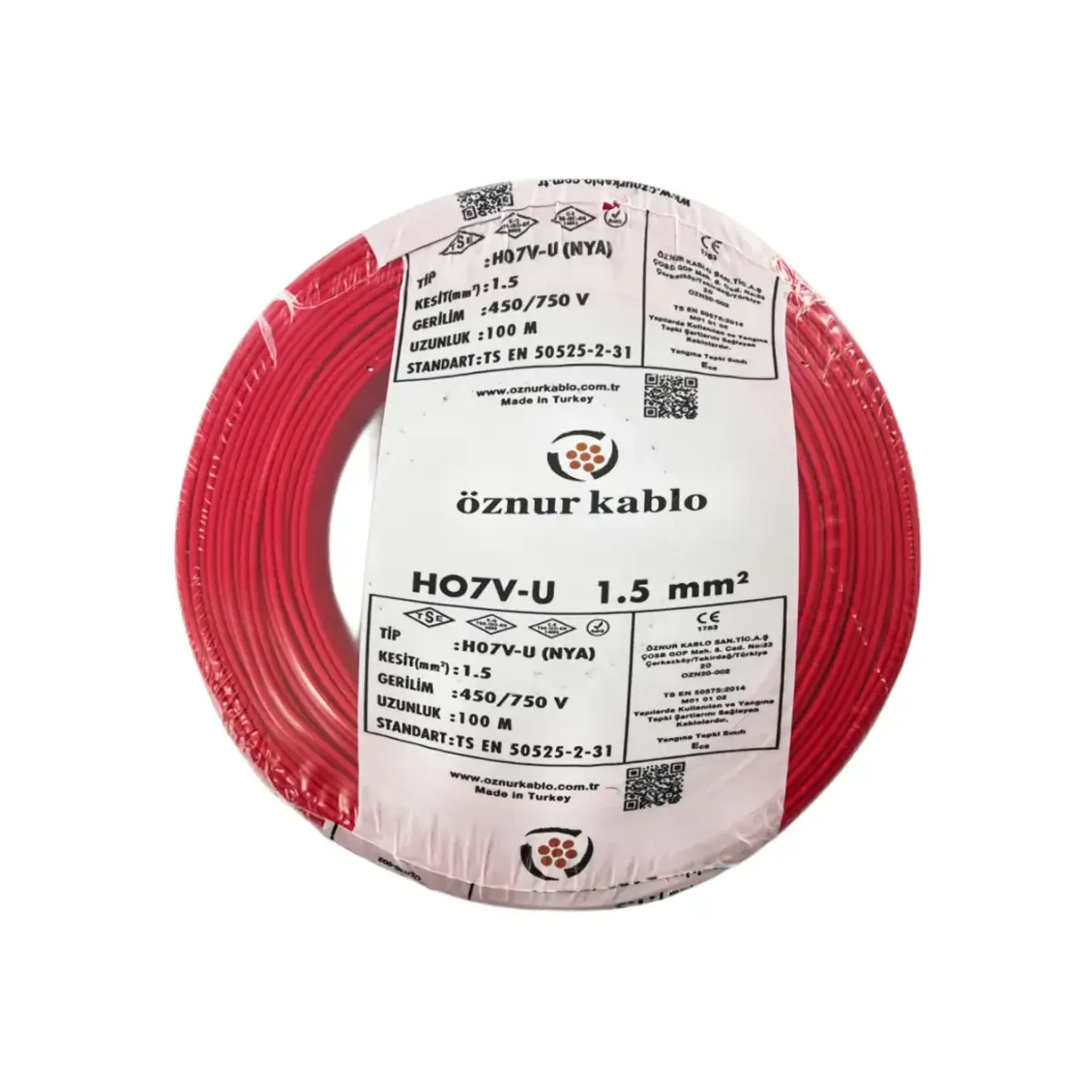 Öznur NYA 1x1,5 mm2 H07V-U Kırmızı Kablo