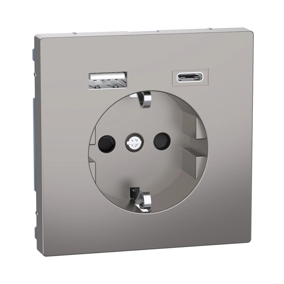 Schneider Electric MEG2367-6050 Merten System-D, Type A+C 3A USB'li Topraklı Priz, Nikel Metalik — üretici ürün görseli