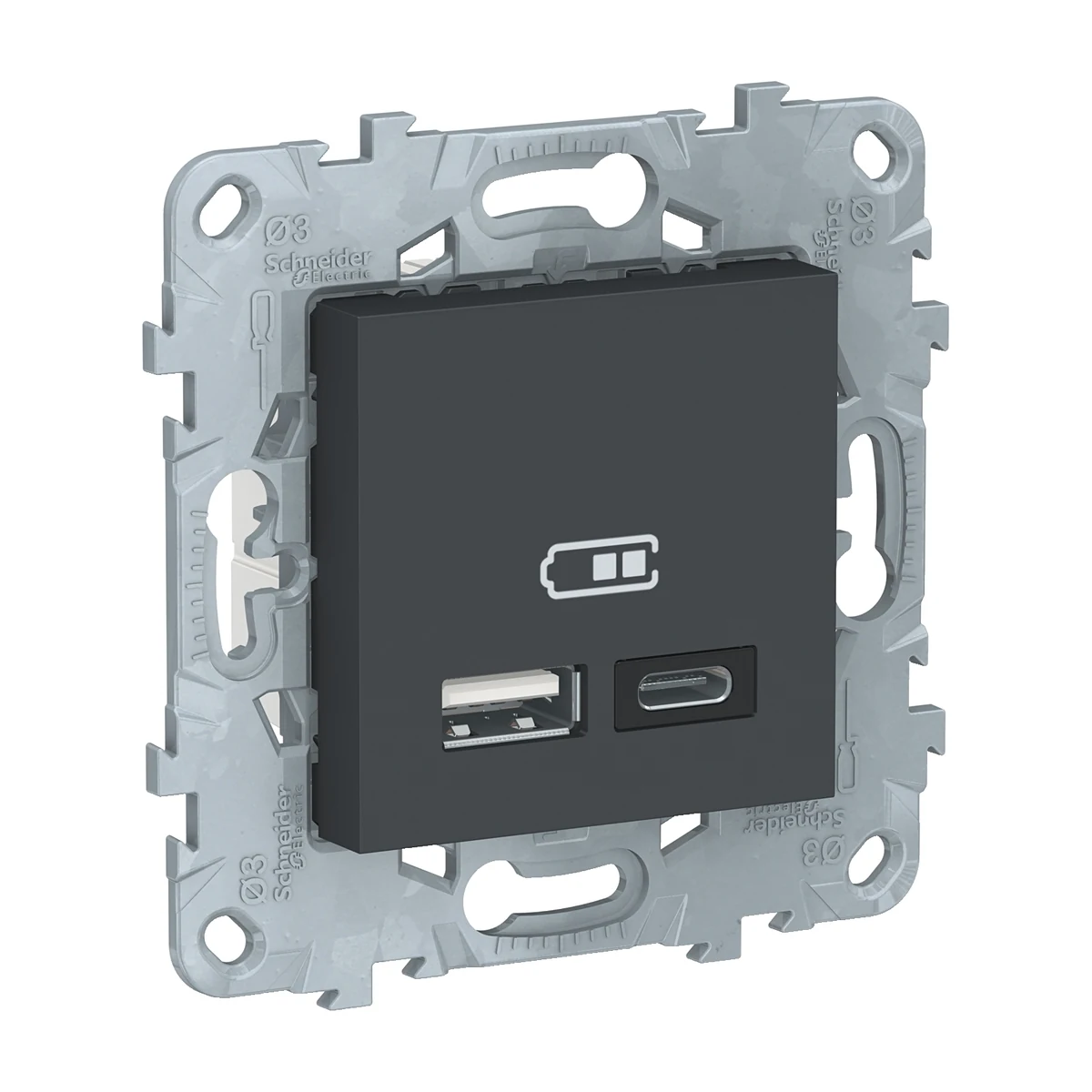 Schneider Electric NU501854 Yeni Unica, 2xUSB Charging Socket 2.4A Type A+C 2m, with Mounting Plate, Anthracite
