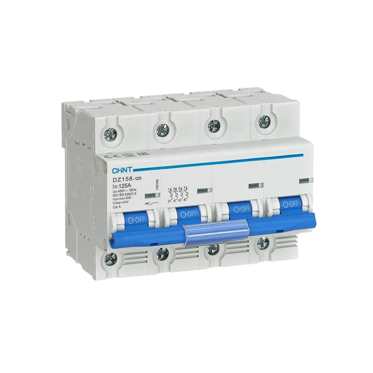 Chint DZ-158 Series 4 Pole 63A 10kA C Curve Miniature Circuit Breaker