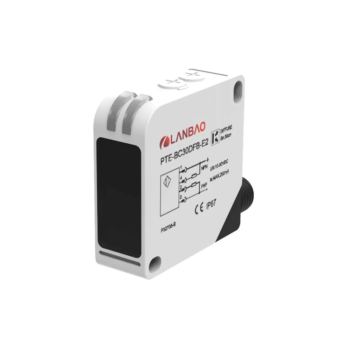 Lanbao PTFT-TM20DPR-E2 20mt Sensing Range, PNP NO+NC Output, Diameter Prismatic Through-Beam Photoelectric Sensor
