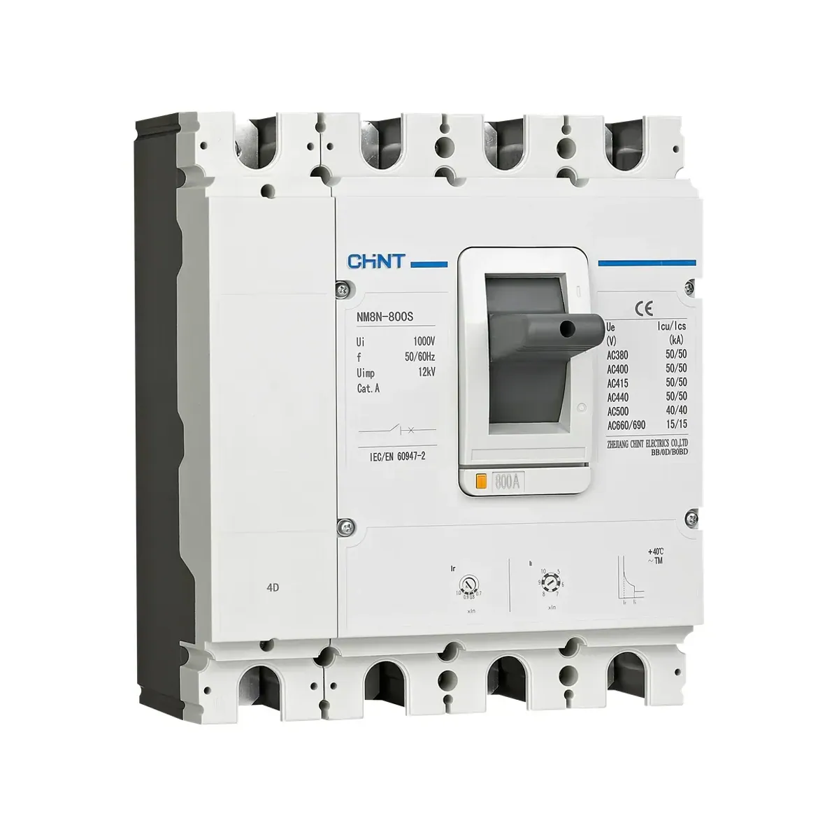 Chint NM8N Series 4-Pole 630A Adjustable Thermal-Magnetic 50kA Molded Case Circuit Breaker NM8N-800S