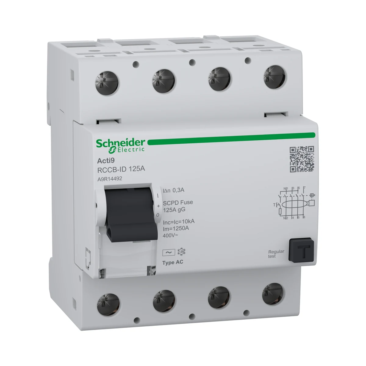 Schneider Electric A9R14492 Acti9 RCCB-ID 4P 125A 300mA AC tipi YENİ (16907 yerine) — üretici ürün görseli