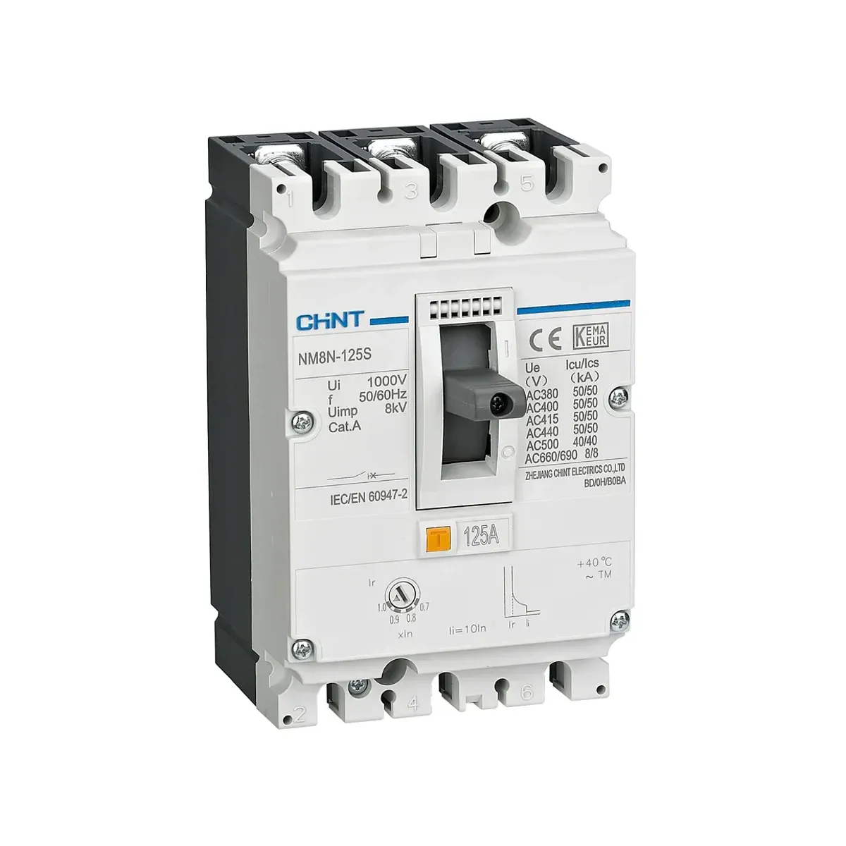 Chint NM8N Series 3-Pole 16A Adjustable Thermal-Magnetic 50kA Molded Case Circuit Breaker NM8N-125S