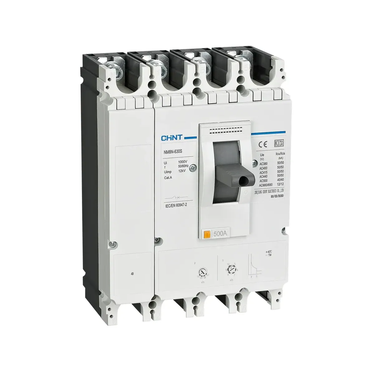 Chint NM8N Series 4-Pole 500A Adjustable Thermal-Magnetic 50kA Molded Case Circuit Breaker NM8N-630S