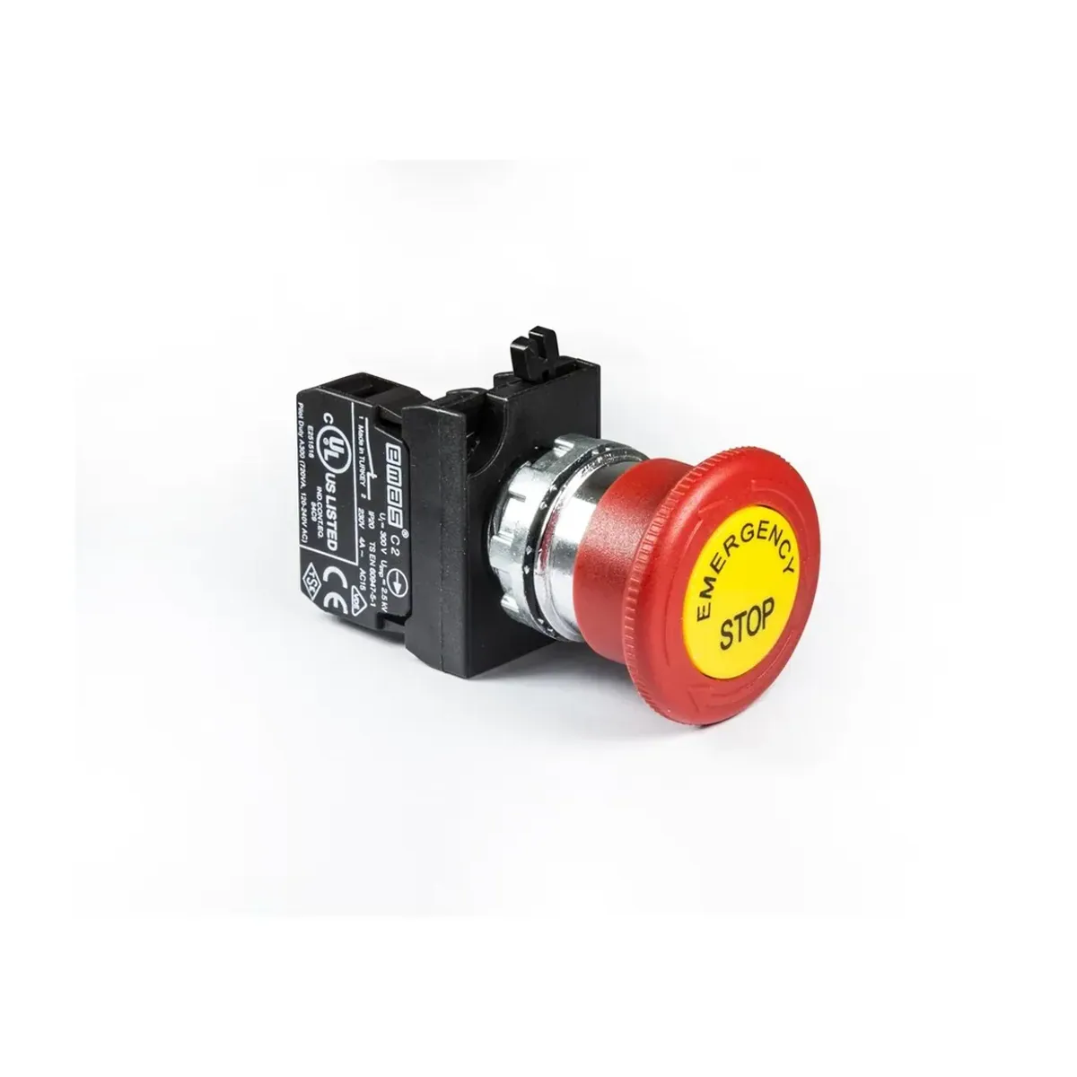 Emas CM Serisi Metal Acil Stop Etiketli Tip Kafa 40mm Buton 1NC Kırmızı 22mm IP65