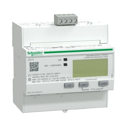 Schneider Electric A9MEM3155 iEM3155, 63A direkt bağlantılı 3-faz kWH ölçer, Modbus MID — üretici katalog görseli