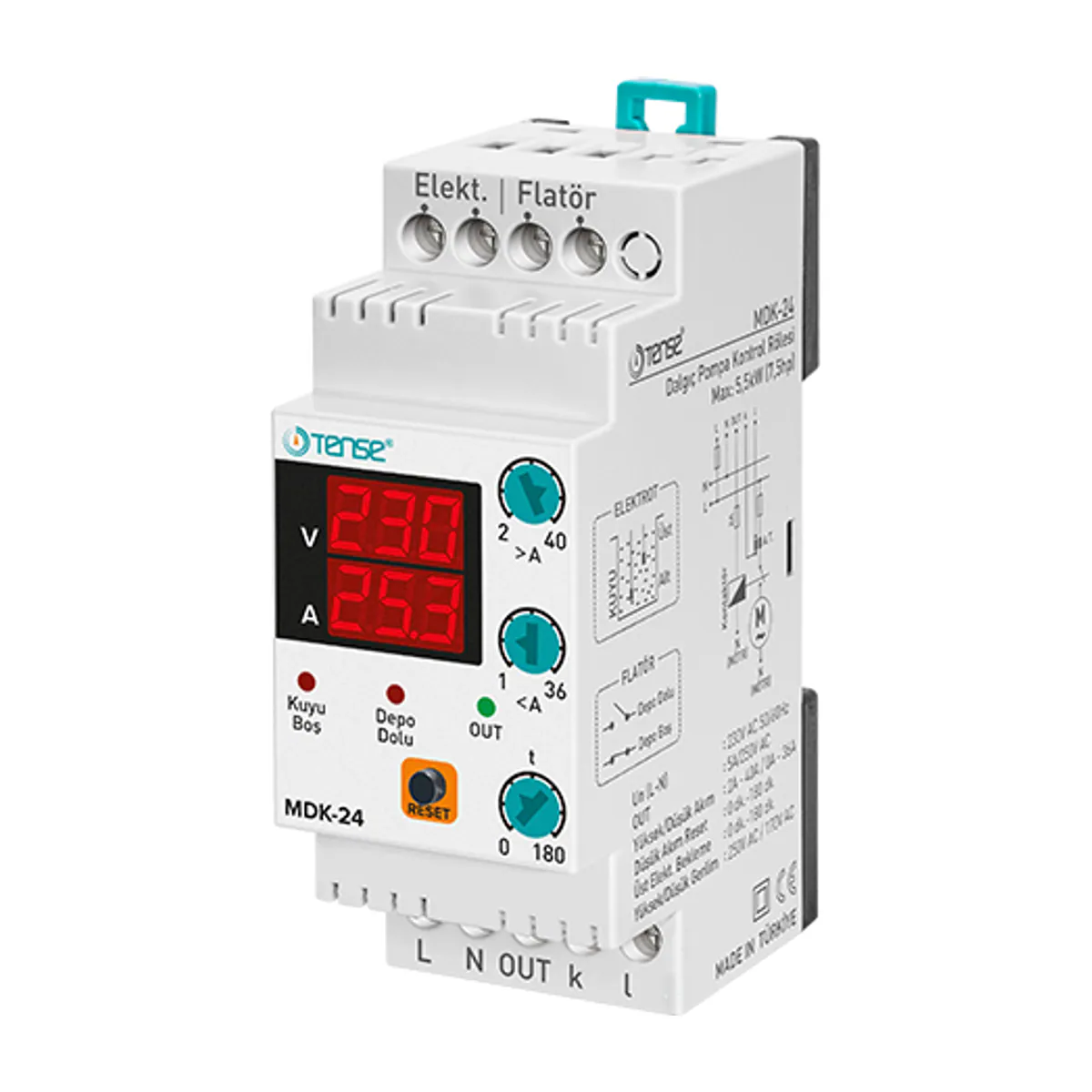 Tense MDK-24 Single-Phase Submersible Pump Control Relay, 2–40 A, DIN Rail