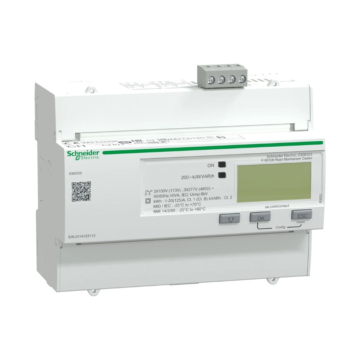 Schneider Electric A9MEM3355 iEM3355, 125A direkt bağlantılı 3-faz kWH ölçer, Modbus MID