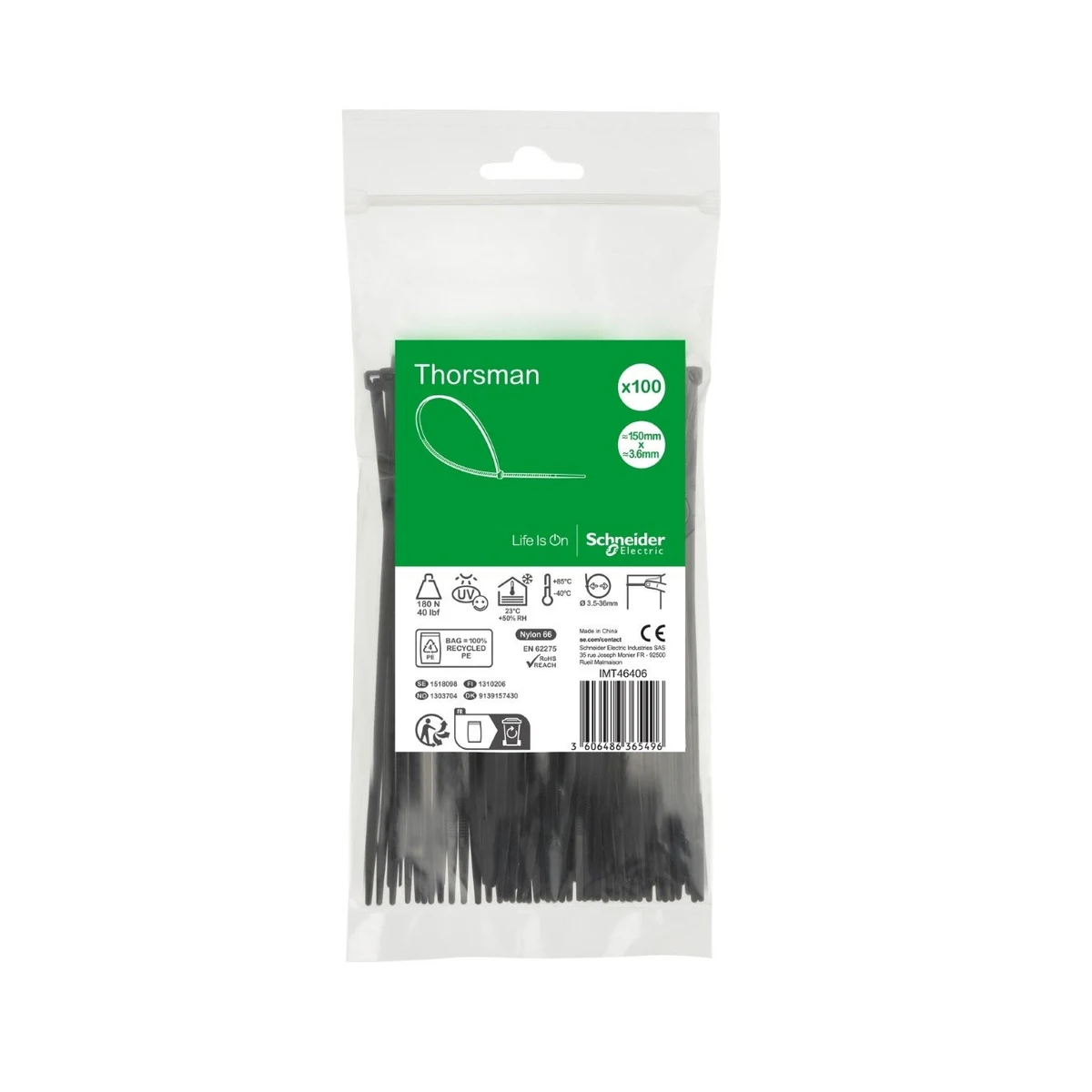 Schneider Electric IMT46406 Cable Tie 150x3.6mm black (must be ordered in multiples of 100)