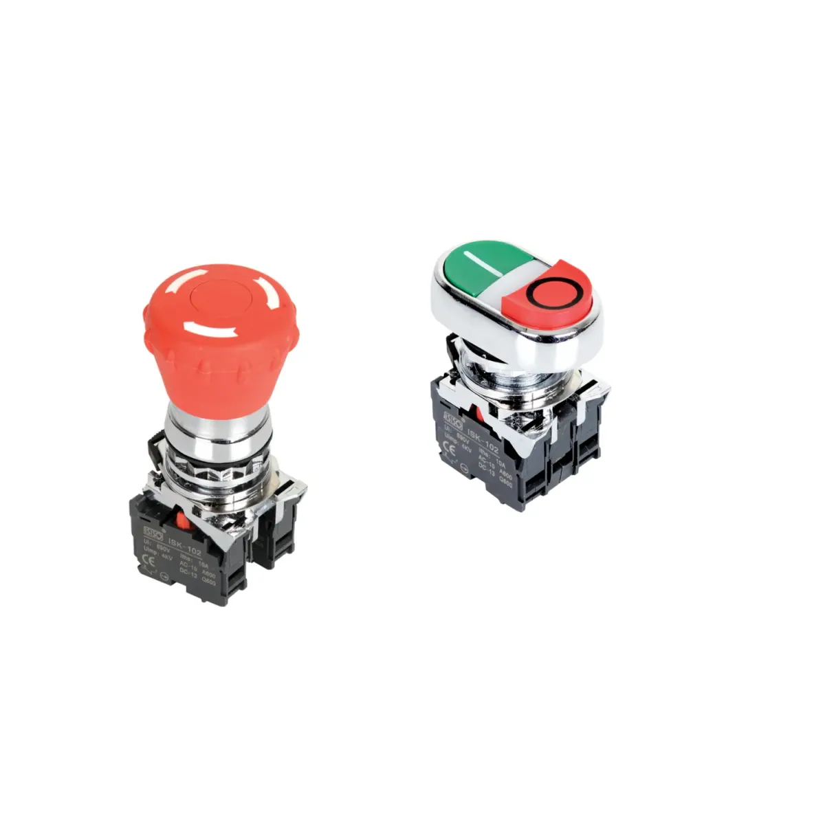 Isıso ISM-BW84M5 İkiz Buton, Yeşil + kırmızı, 1 NO + 1 NC, Işıklı, 220 V AC, Metal Seri (temsili görsel)