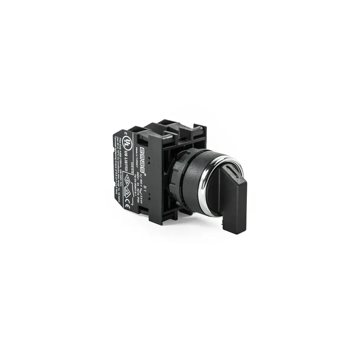 Emas B Serisi Plastik Seçici Kalıcı Tip Buton II-0-I 60° 2NO Siyah 22mm IP50