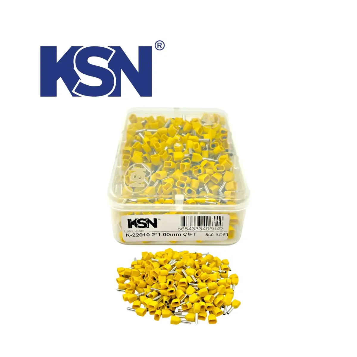 2X1.00 mm2 Double-Entry Insulated Yellow Ferrule, German Standard KSN-İY-0042 (500 pcs/Box)