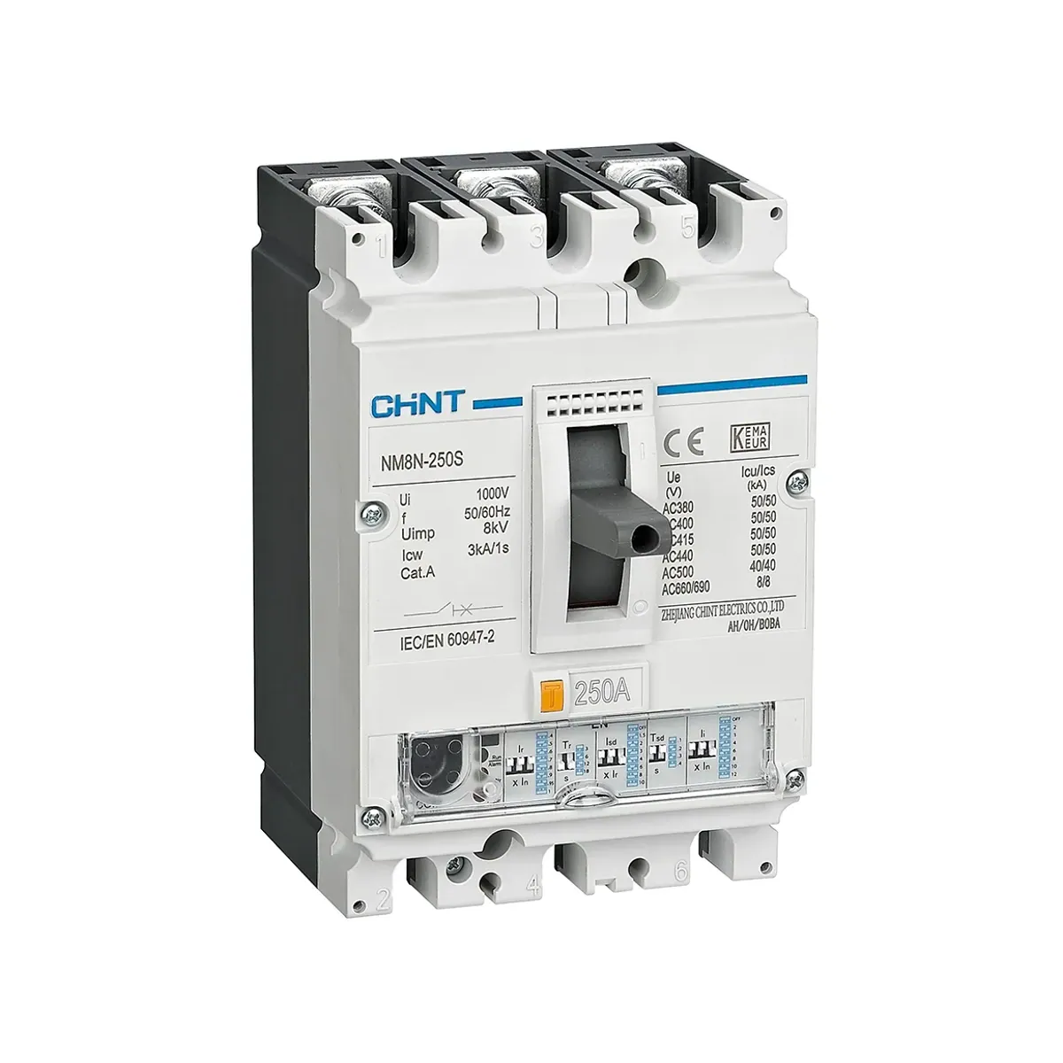 Chint NM8N Series 3-Pole 180A Adjustable Thermal-Magnetic 50kA Molded Case Circuit Breaker NM8N-250S