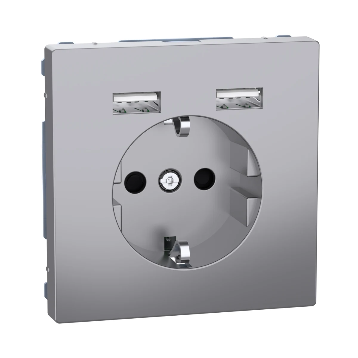 Schneider Electric MEG2366-6036 Merten System-D, Type A+A 2,4A USB'li Topraklı Priz, Paslanmaz Çelik — üretici ürün görseli