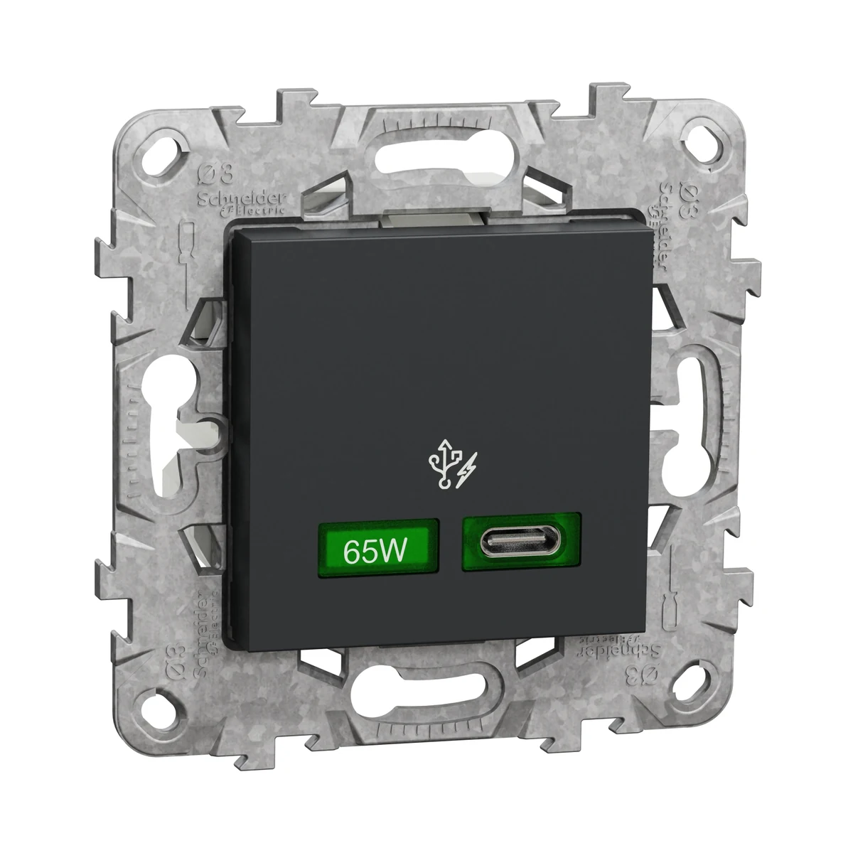 Schneider Electric NU501454 Yeni Unica, 2xUSB Hızlı Şarj Prizi 65W Type C, Montaj Plakalı, Antrasit (modülerde kullanmak üzere uygun değildir) — üretici ürün görseli