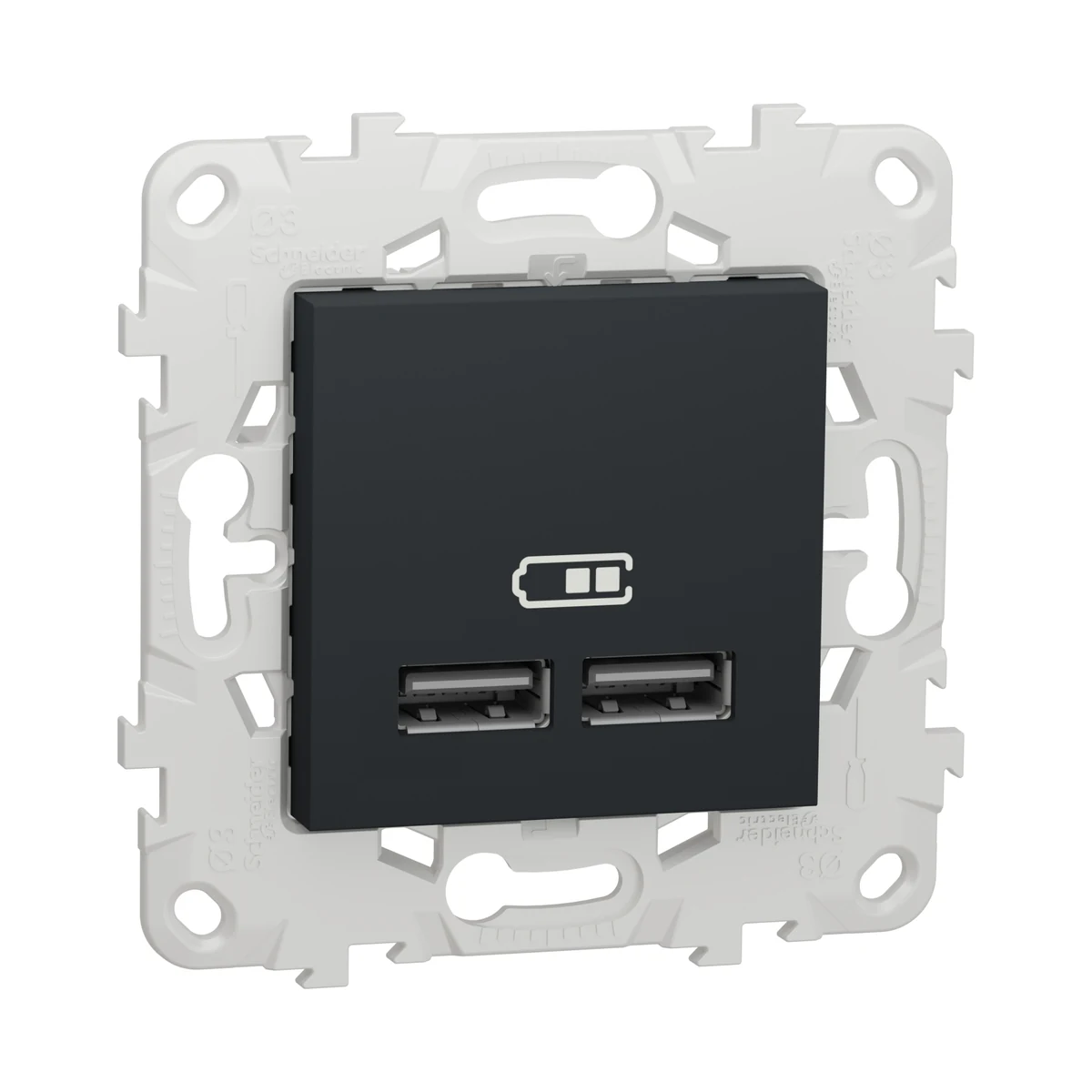 Schneider Electric NU541854 Yeni Unica, 2xUSB Charging Socket 2.1A Type A 2m, with Mounting Plate, Anthracite
