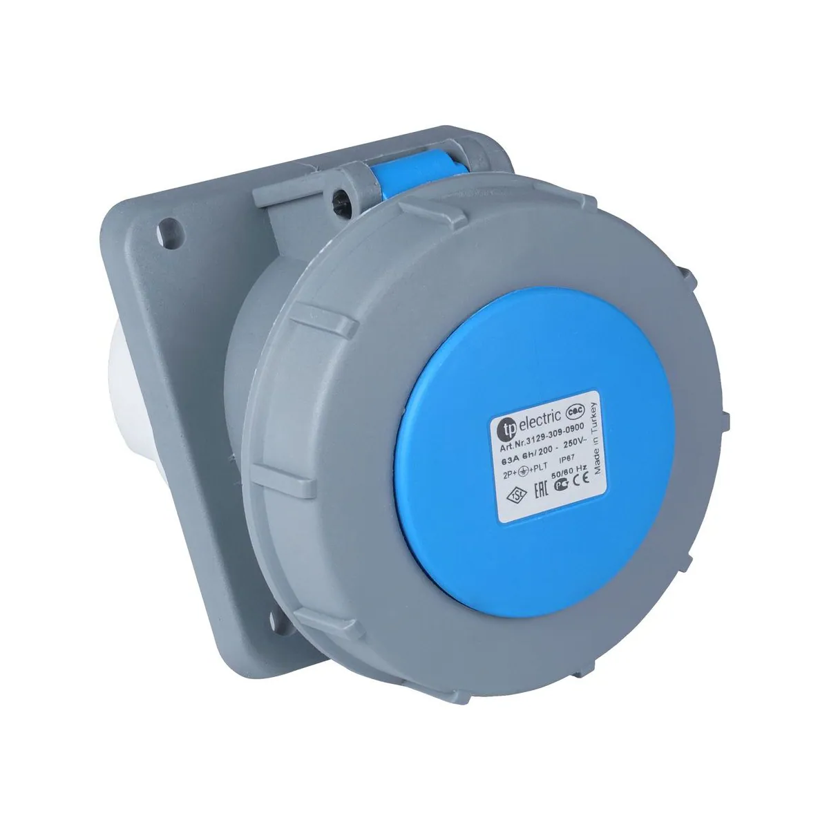 TP Elektrik 3129-309-0900 CEE 3x63A Makine Prizi (eğik) (100x107), IP 67, 6h