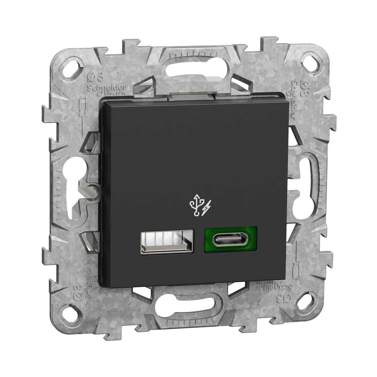 Schneider Electric NU501354 Yeni Unica, 2xUSB Hızlı Şarj Prizi 45W Type A+C Montaj Plakalı, Antrasit (modülerde kullanmak üzere uygun değildir) — üretici ürün görseli