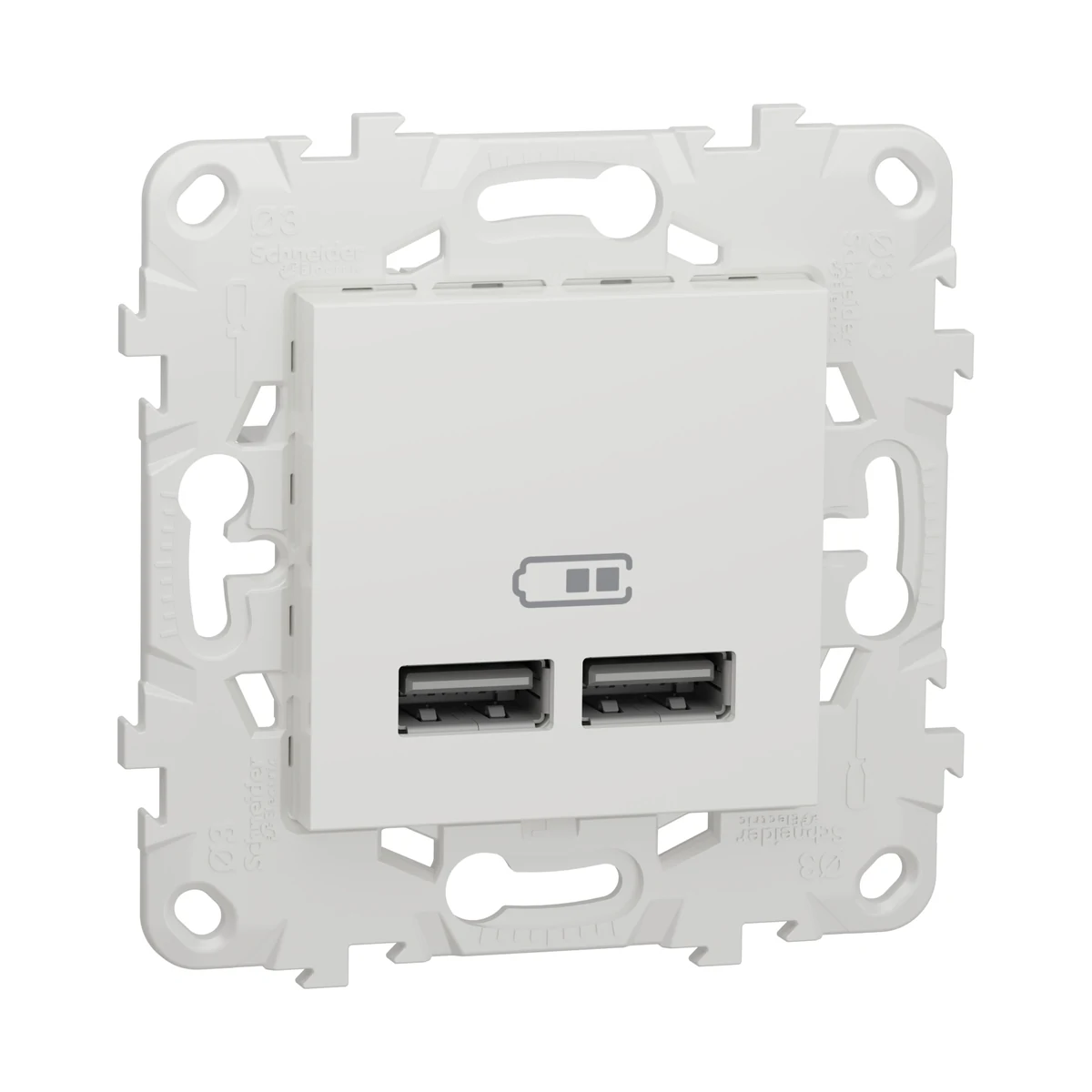 Schneider Electric NU541818 Yeni Unica, 2xUSB Şarj Prizi 2,1A Type A 2m, Montaj Plakalı, Beyaz — üretici ürün görseli