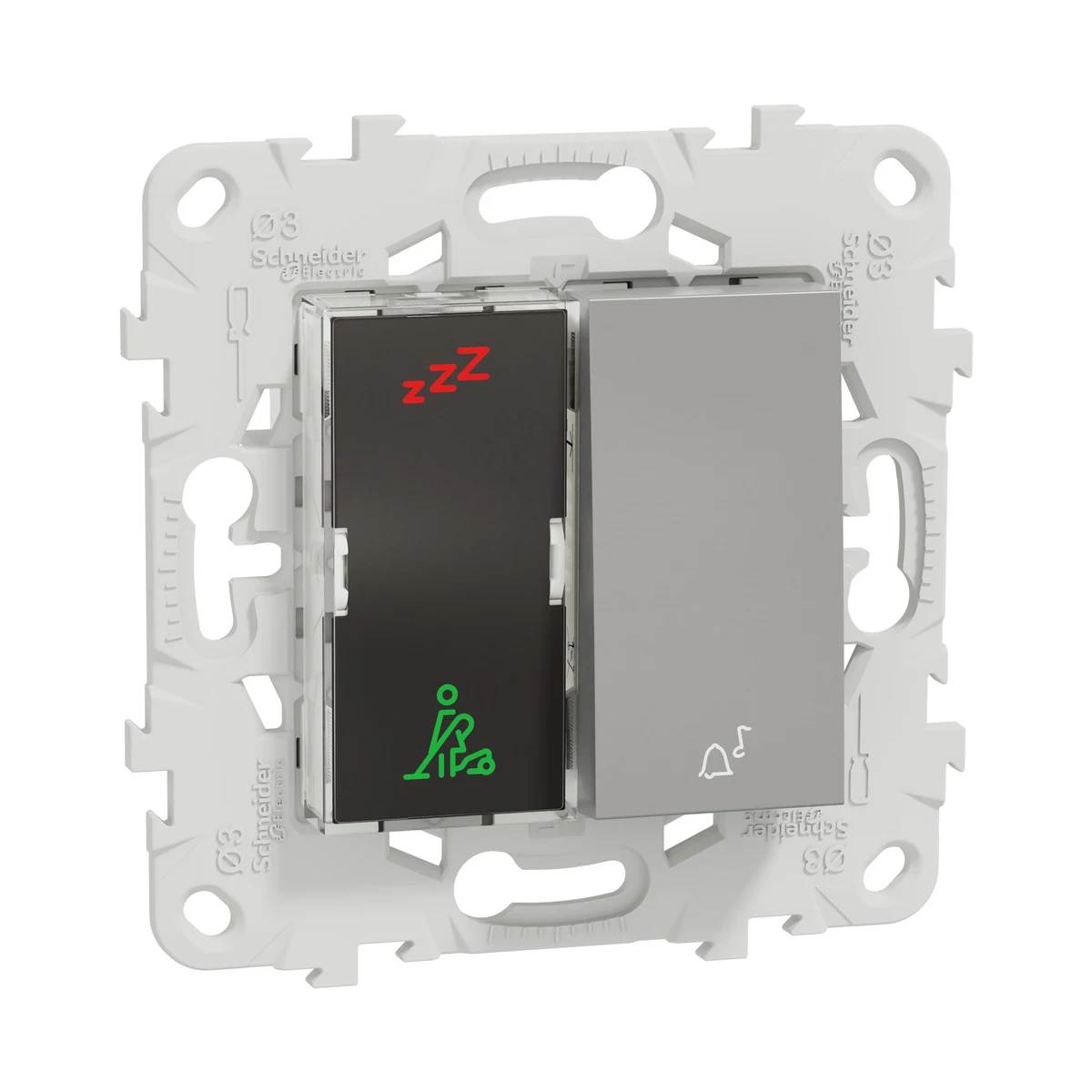 Schneider Electric NU577730 Yeni Unica, DND/MUR ve Zil İşaretli Otel Dış Kapı Anahtarı 2 modül, Alüminyum — üretici ürün görseli