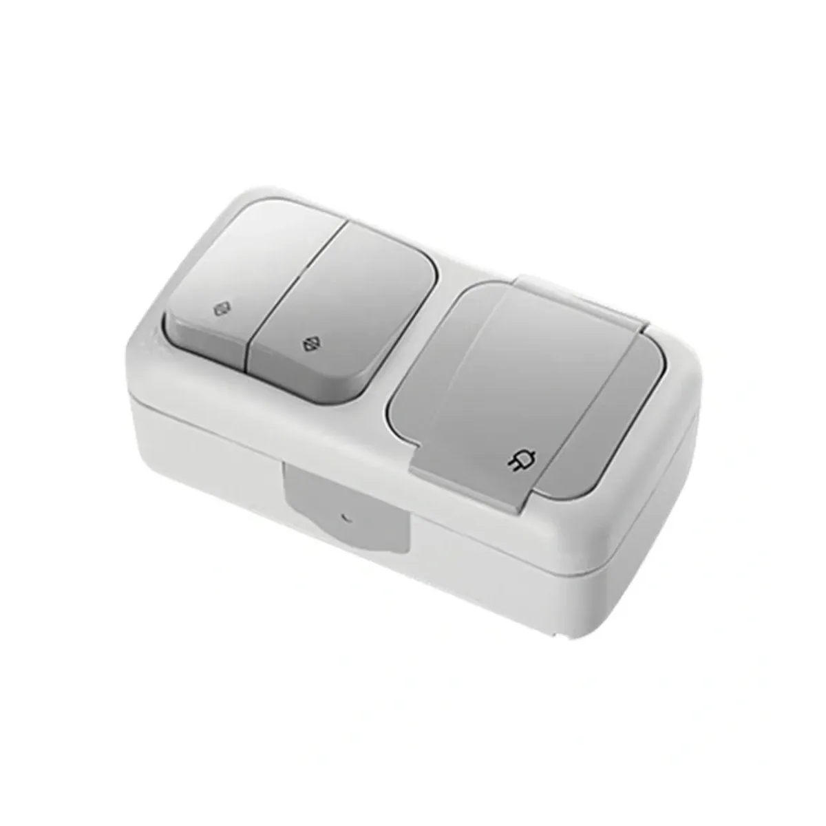Viko Palmiye Surface-Mounted Gray Horizontal Double Changeover Two-Way Switch and Grounded Socket IP54