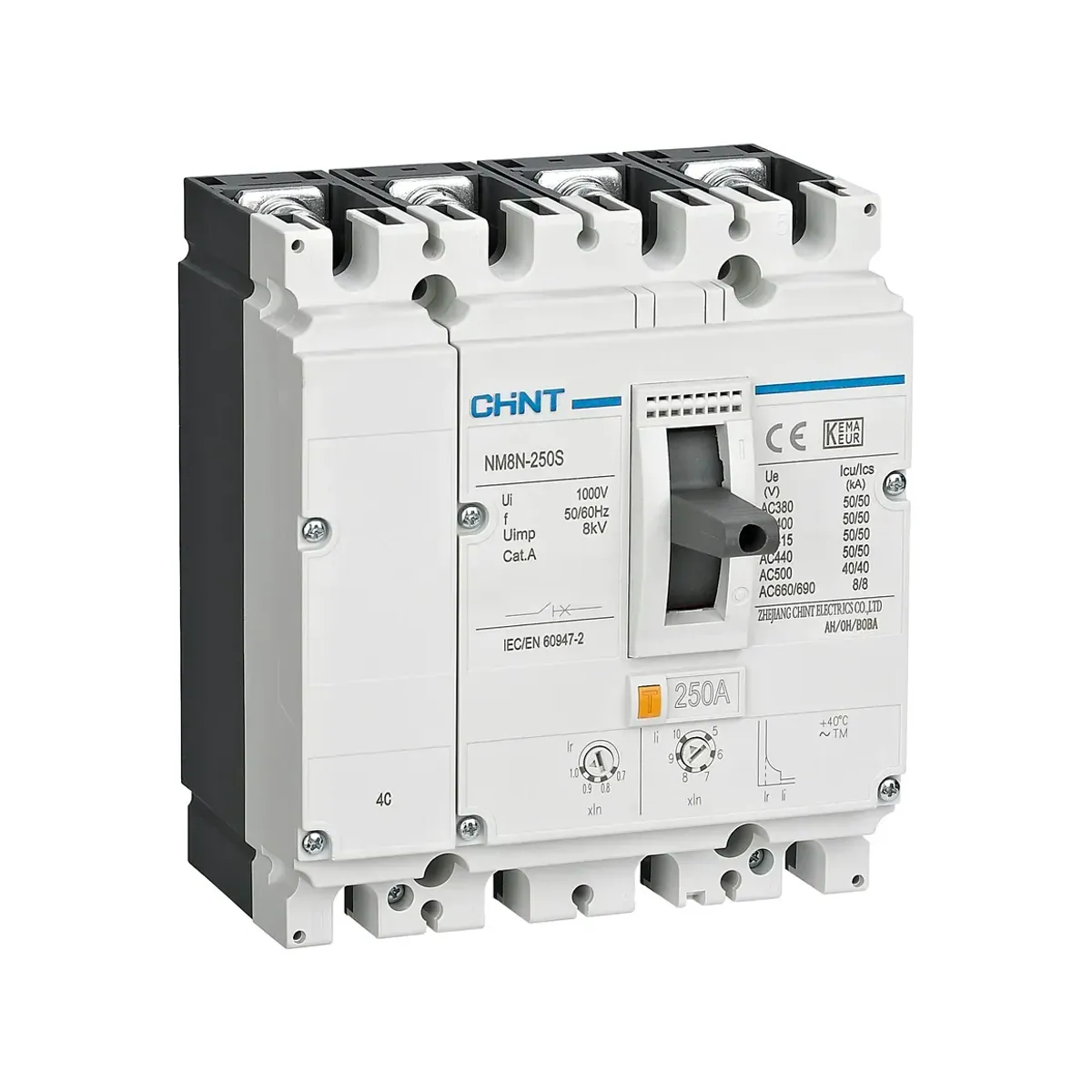 Chint NM8N Series 4-Pole 225A Adjustable Thermal-Magnetic 50kA Molded Case Circuit Breaker NM8N-250S