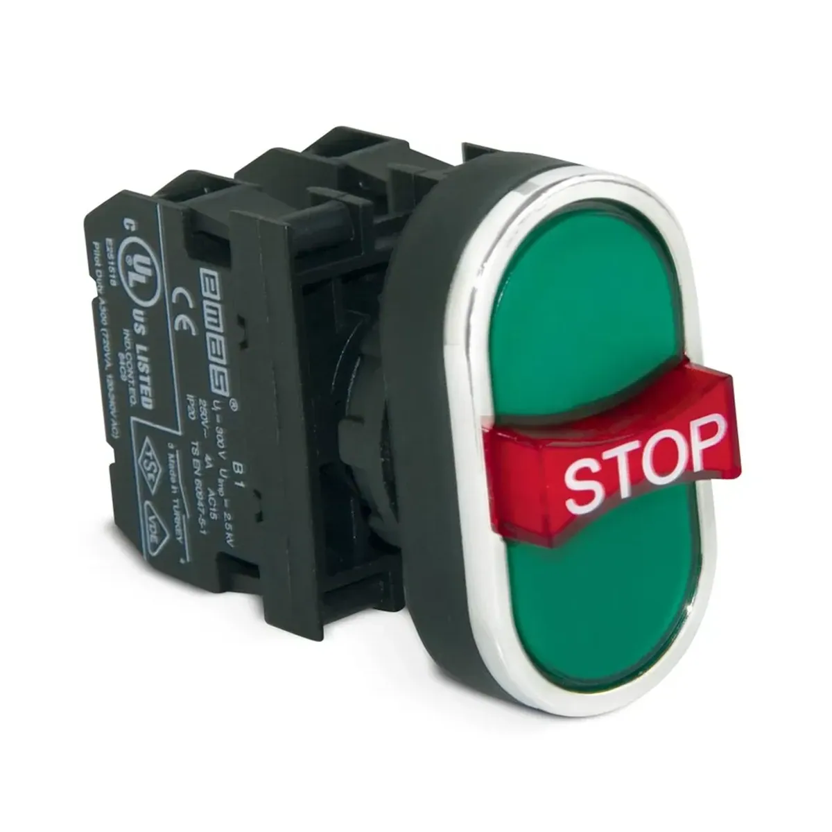 Emas B Series Plastic Triple Push Button One Raised Stop Type 1NO+1NC+1NO Green-Green 22mm IP50