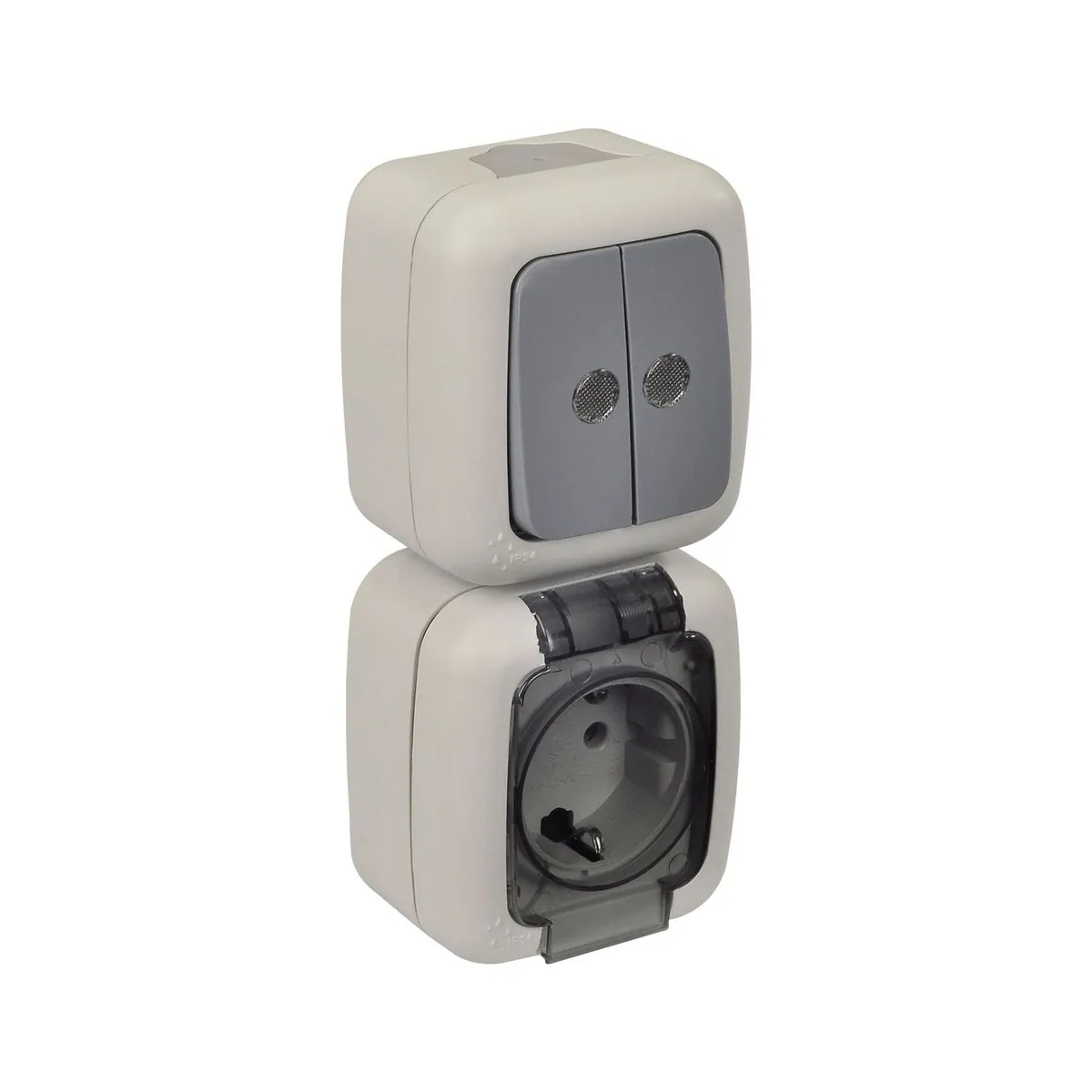 TP Elektrik 3201-321-0601 Damp Location Illuminated Changeover Switch + Grounded Socket with Cover (vertical), IP 54