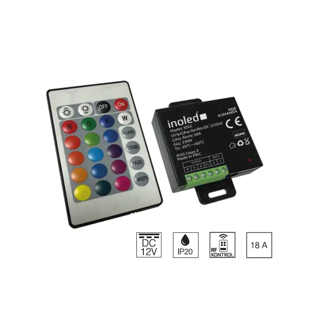 RGB LED 18A 12VDC 24 Button Remote Control 20m Sensing Distance
