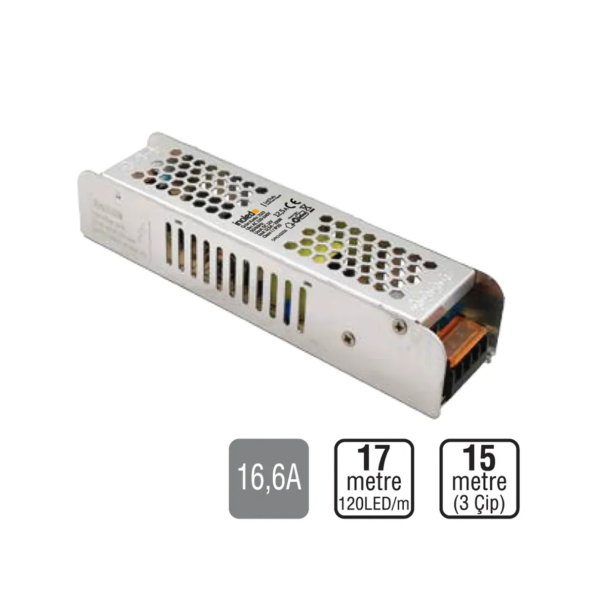 200W 16.6A Slim Strip LED Transformer (17 m/120LED) - (15 m/3çipli)