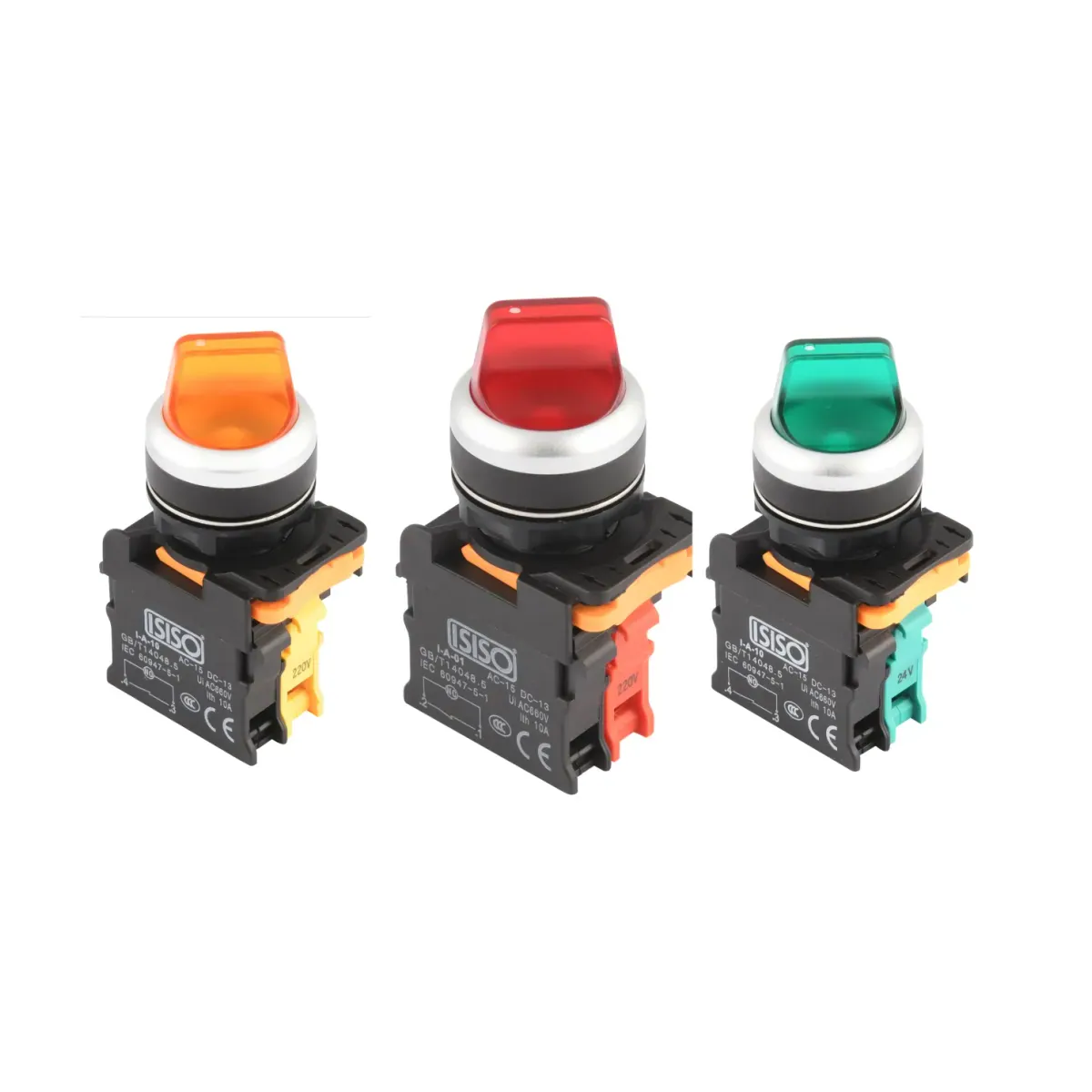 Isıso IA5-21XSD Latching Push Button, Yellow, 1 NC + 1 NC, 1-0-2, Illuminated, 220 V AC
