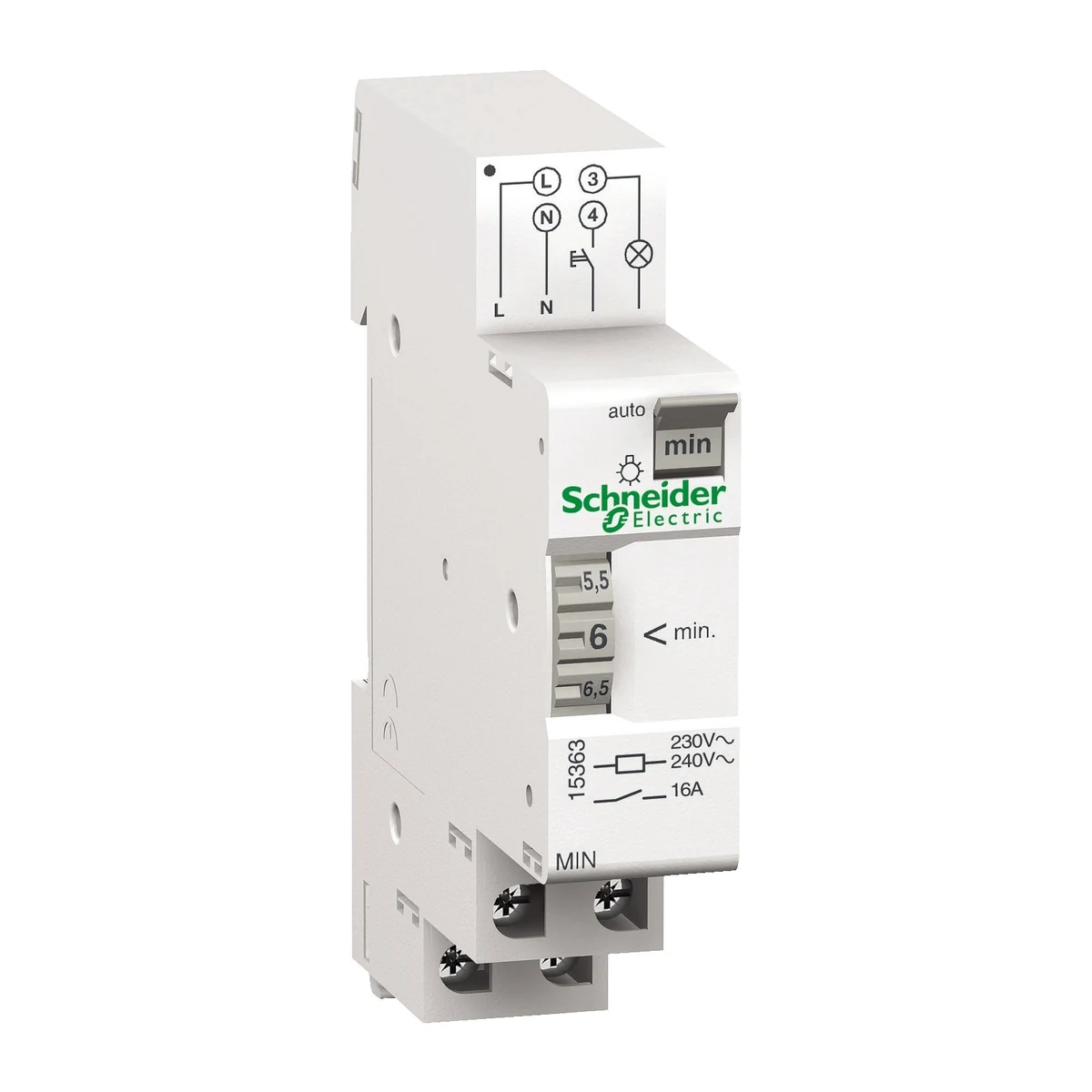 Schneider Electric 15363 MIN electromechanical staircase timer, 1-7dak adjustable, 16A contact output